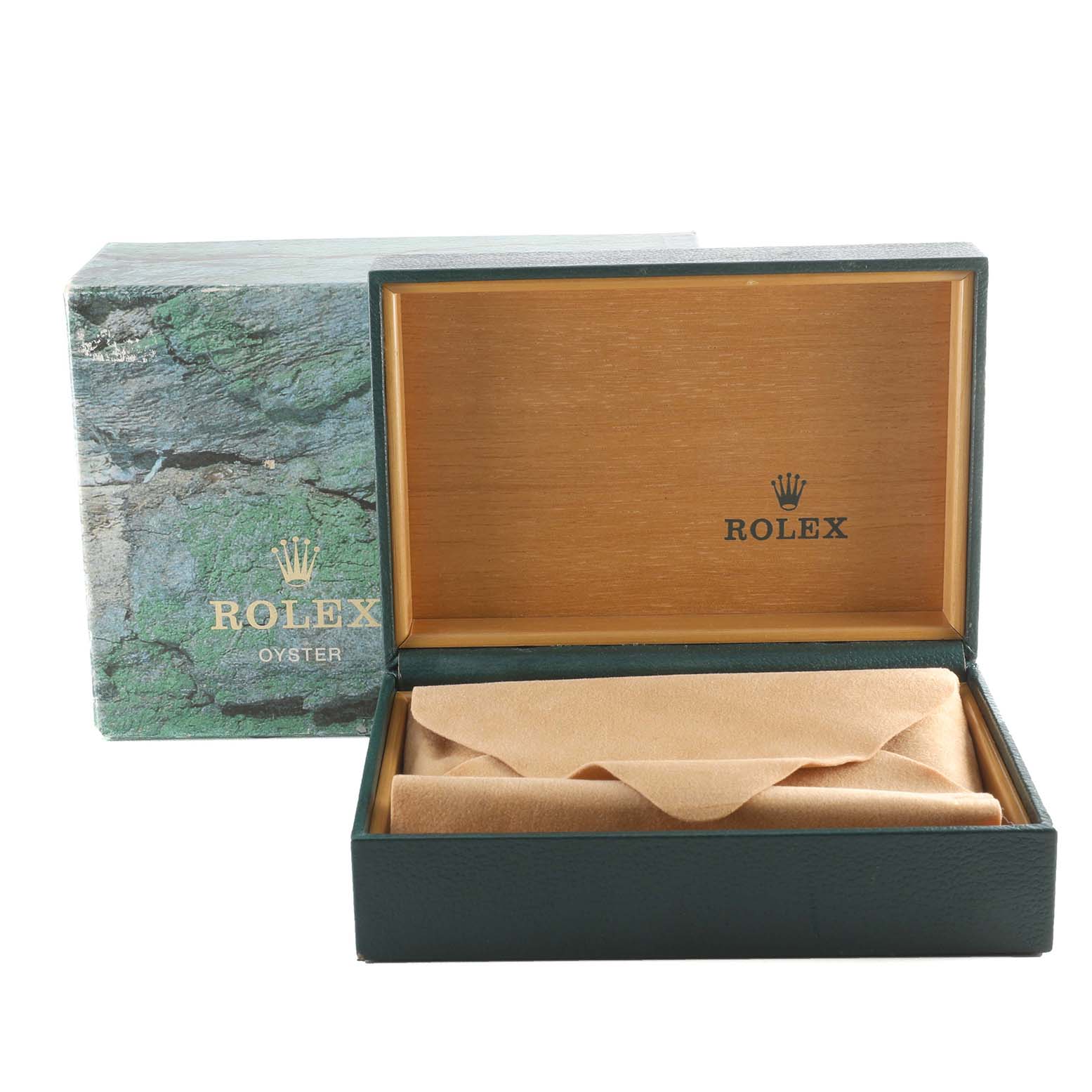 The image shows an empty Rolex Date 15210 Men's Stainless Steel Blue Dial 15210 Men's Stainless Steel Blue Dial model watch box and its outer packaging viewed from the front.