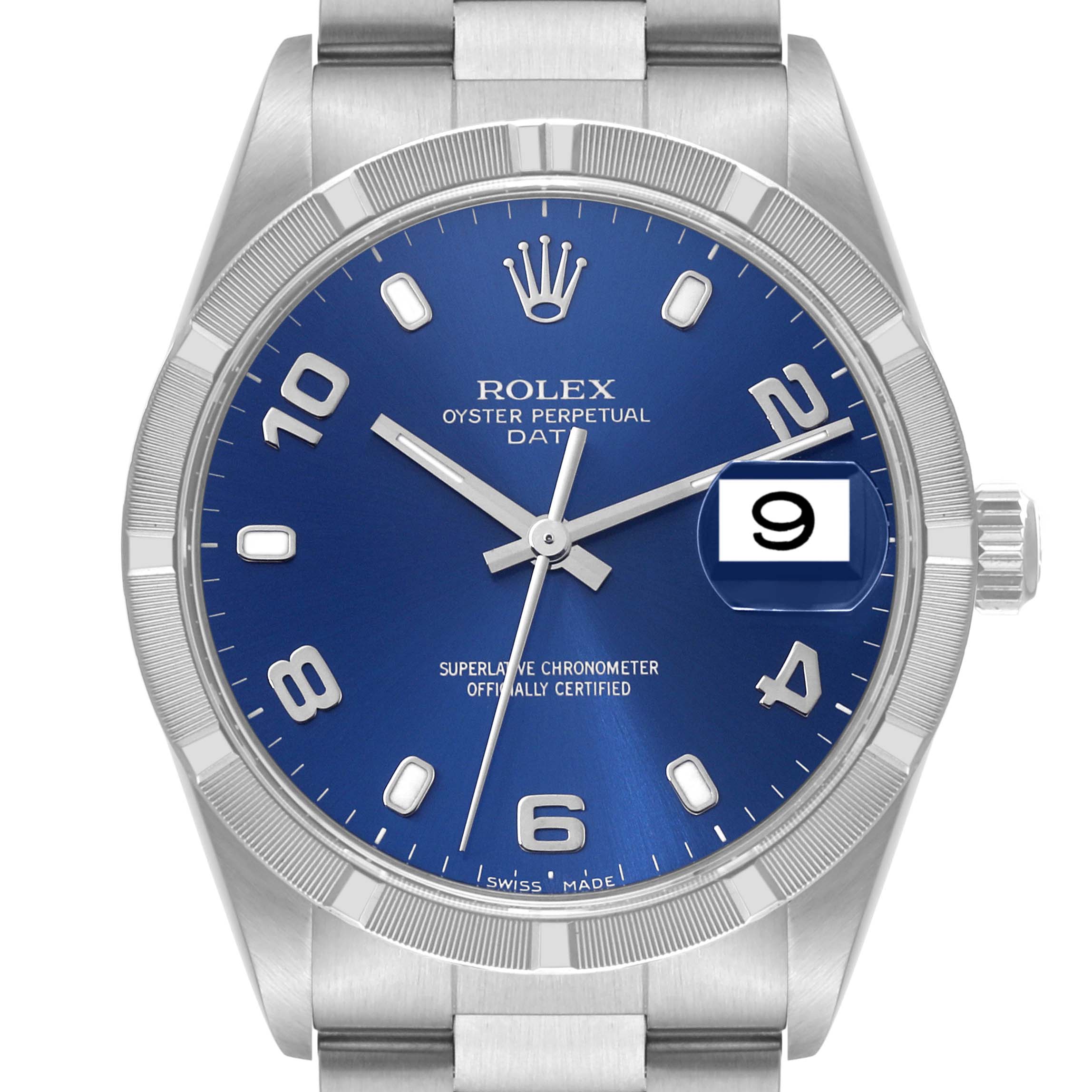 The image shows a front view of the Rolex Date 15210 Men's Stainless Steel Blue Dial 15210 Men's Stainless Steel Blue Dial model watch, displaying its blue dial, hands, bracelet, and date window at 3 o'clock.