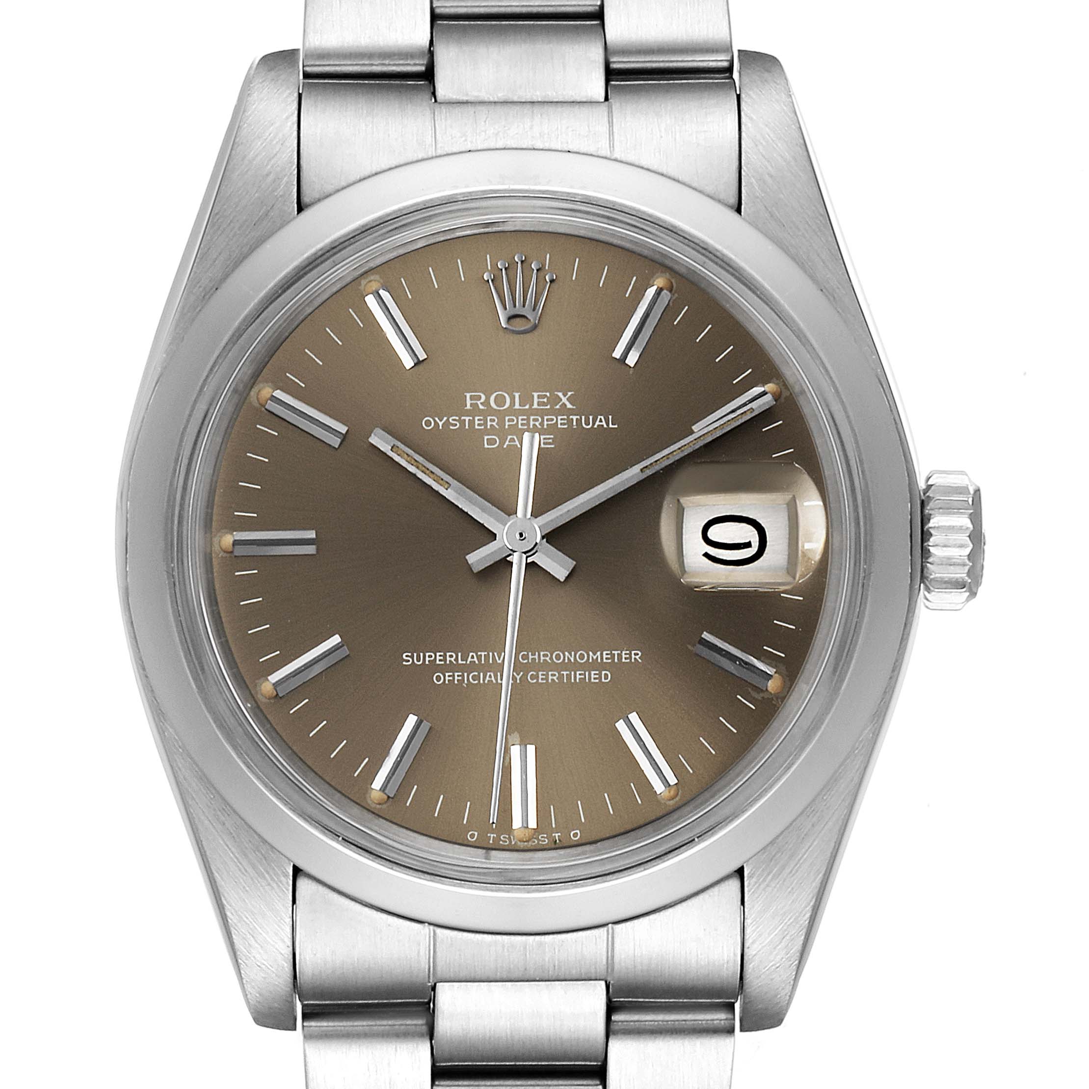The image shows a front view of the Rolex Vintage Collection 1500 Men's Stainless Steel Grey Dial 1500 Men's Stainless Steel Grey Dial model watch, highlighting the dial, hands, date window, and bracelet.