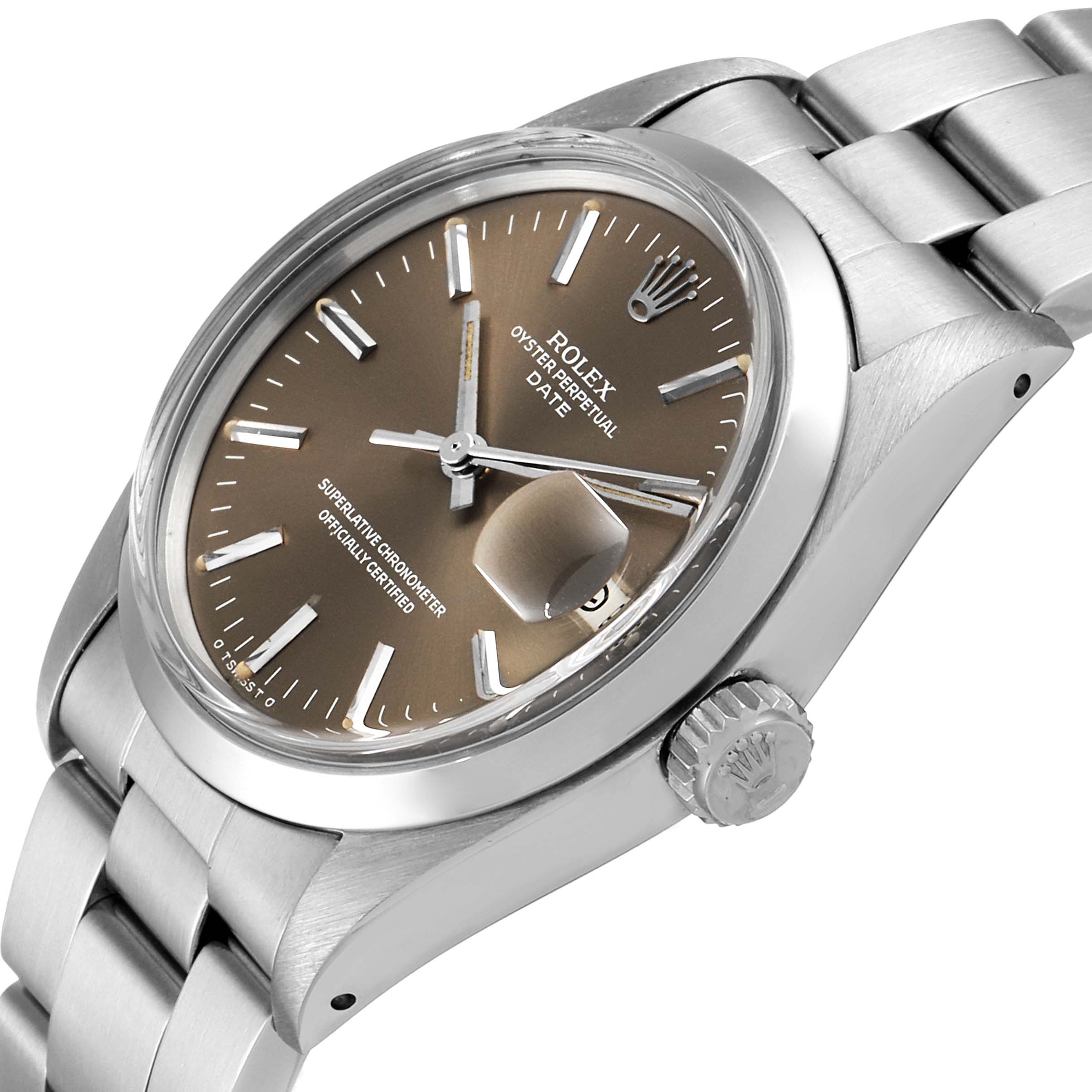 This image shows an angled close-up of the Rolex Vintage Collection 1500 Men's Stainless Steel Grey Dial 1500 Men's Stainless Steel Grey Dial model, featuring the watch face, crown, and part of the bracelet.
