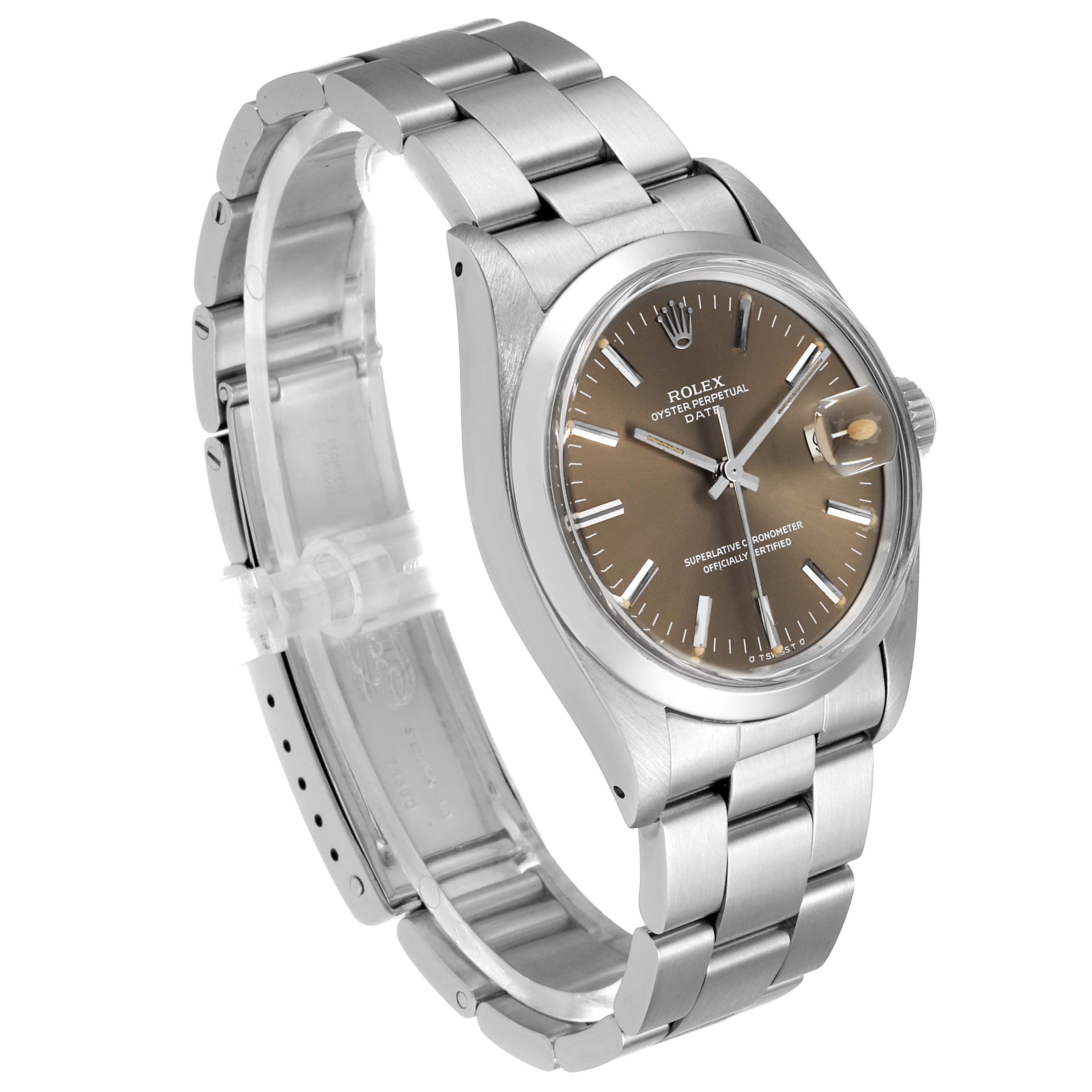 The image shows a side angle of the Rolex Vintage Collection 1500 Men's Stainless Steel Grey Dial 1500 Men's Stainless Steel Grey Dial watch, highlighting the face, bezel, crown, and stainless steel bracelet.