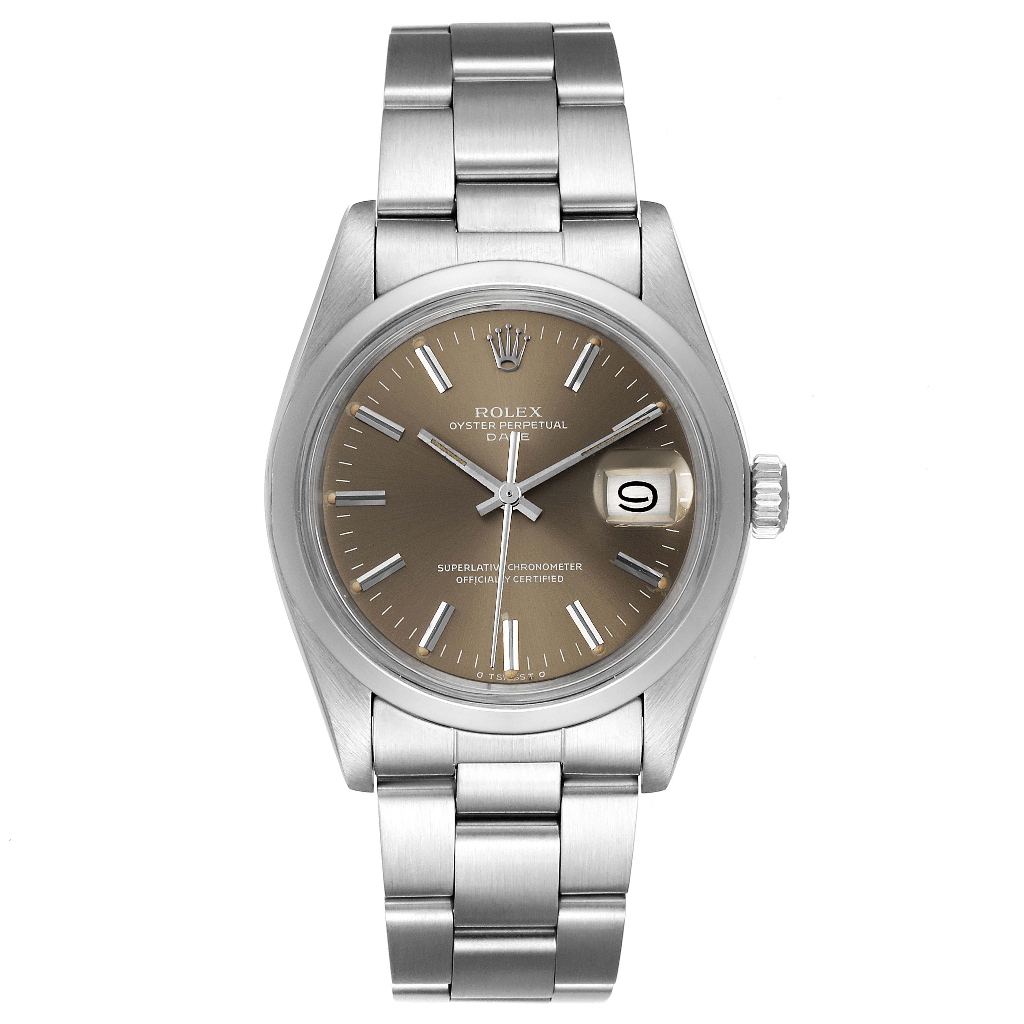 This image shows a front view of the Rolex Vintage Collection 1500 Men's Stainless Steel Grey Dial 1500 Men's Stainless Steel Grey Dial model, displaying the dial, hands, bracelet, and date window.