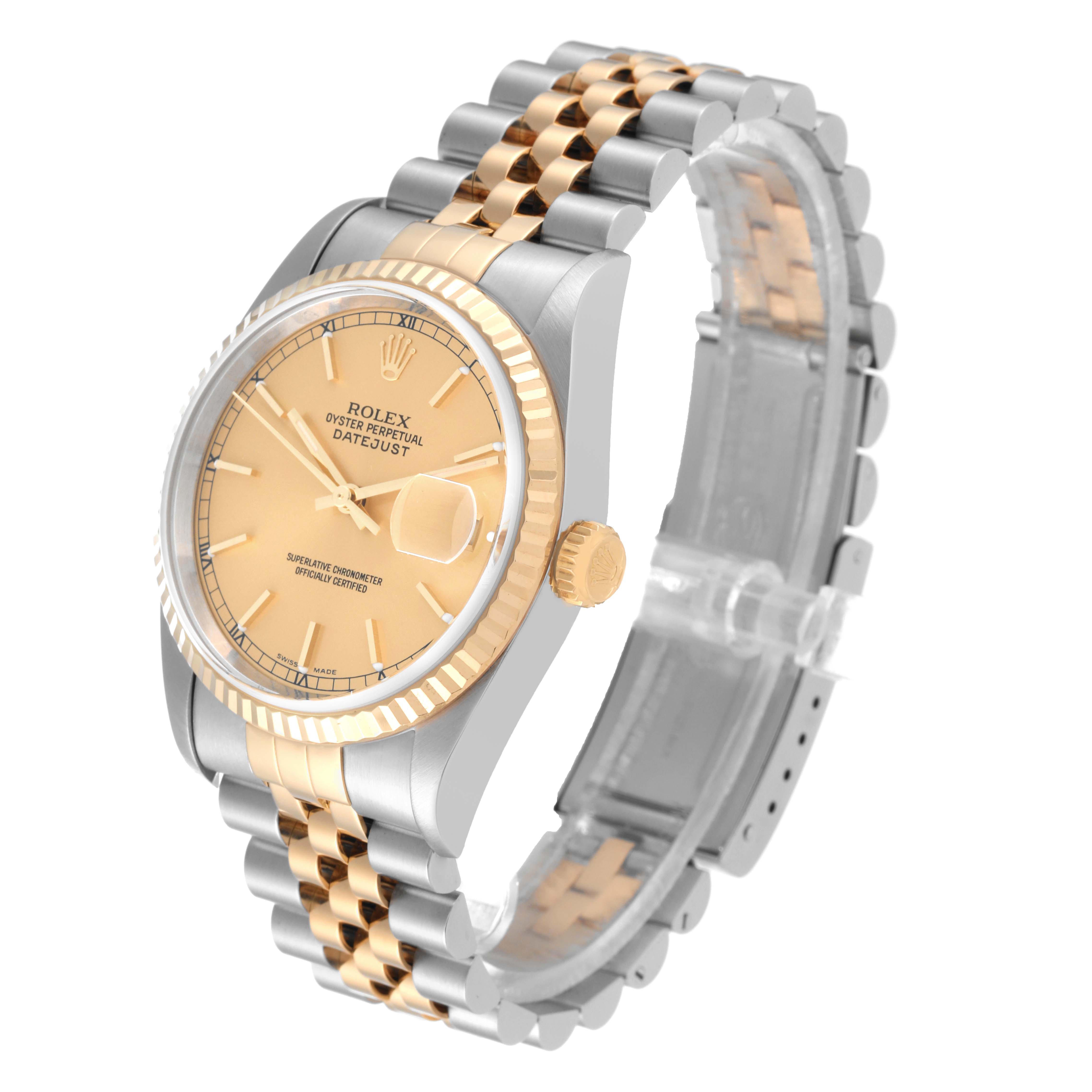 The Rolex Datejust 16233 Men's Steel and Gold (two tone) Champagne Dial 16233 Men's Steel and Gold (two tone) Champagne Dial watch is shown at a three-quarter angle, highlighting its dial, bezel, and two-tone bracelet.
