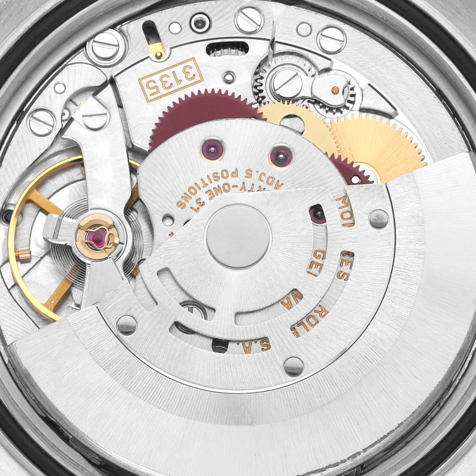 This image shows the inner mechanical movement of the Rolex Datejust 16233 Men's Steel and Gold (two tone) Champagne Dial 16233 Men's Steel and Gold (two tone) Champagne Dial watch at a close-up angle.