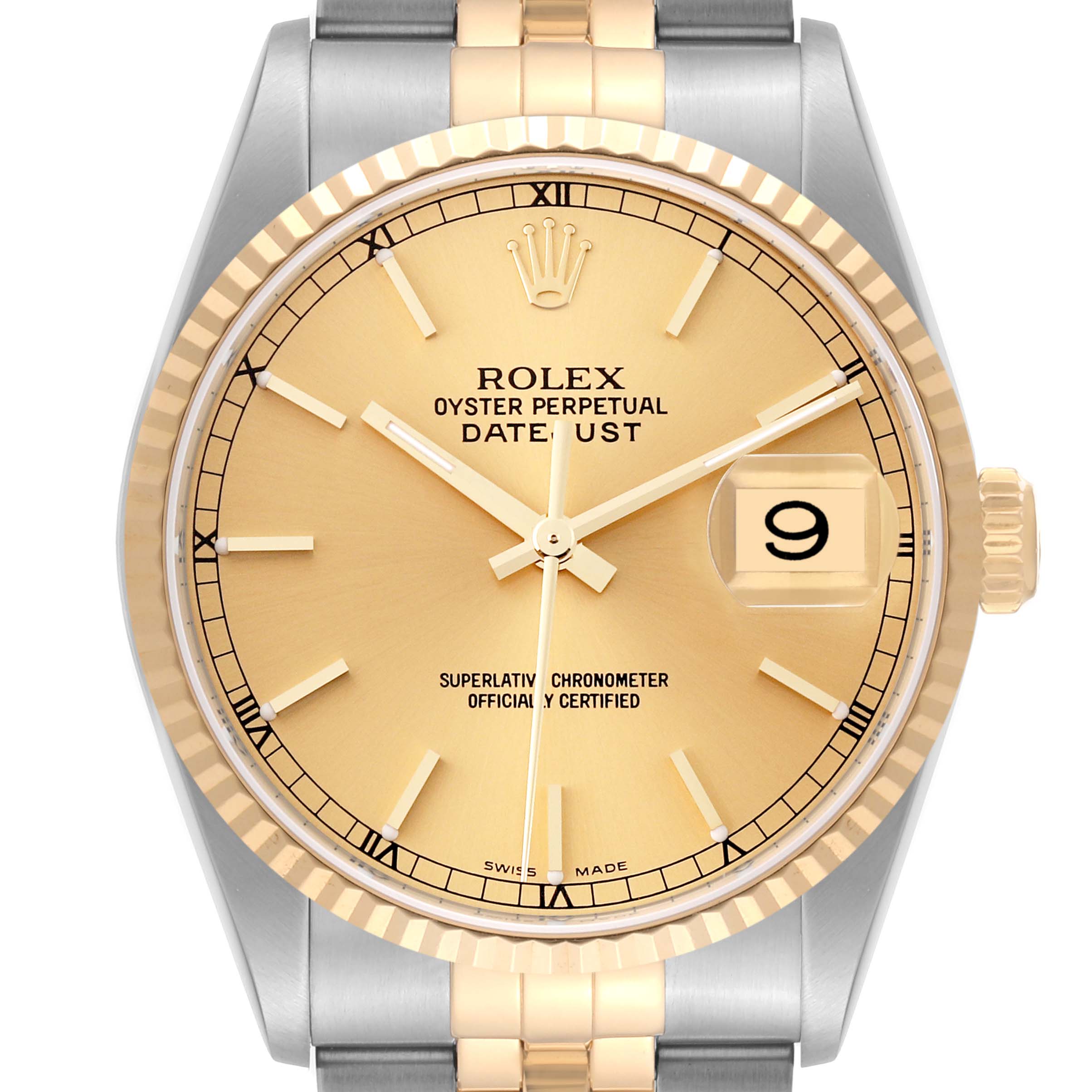 This is a close-up view of the face and part of the bracelet of a Rolex Datejust 16233 Men's Steel and Gold (two tone) Champagne Dial 16233 Men's Steel and Gold (two tone) Champagne Dial watch.