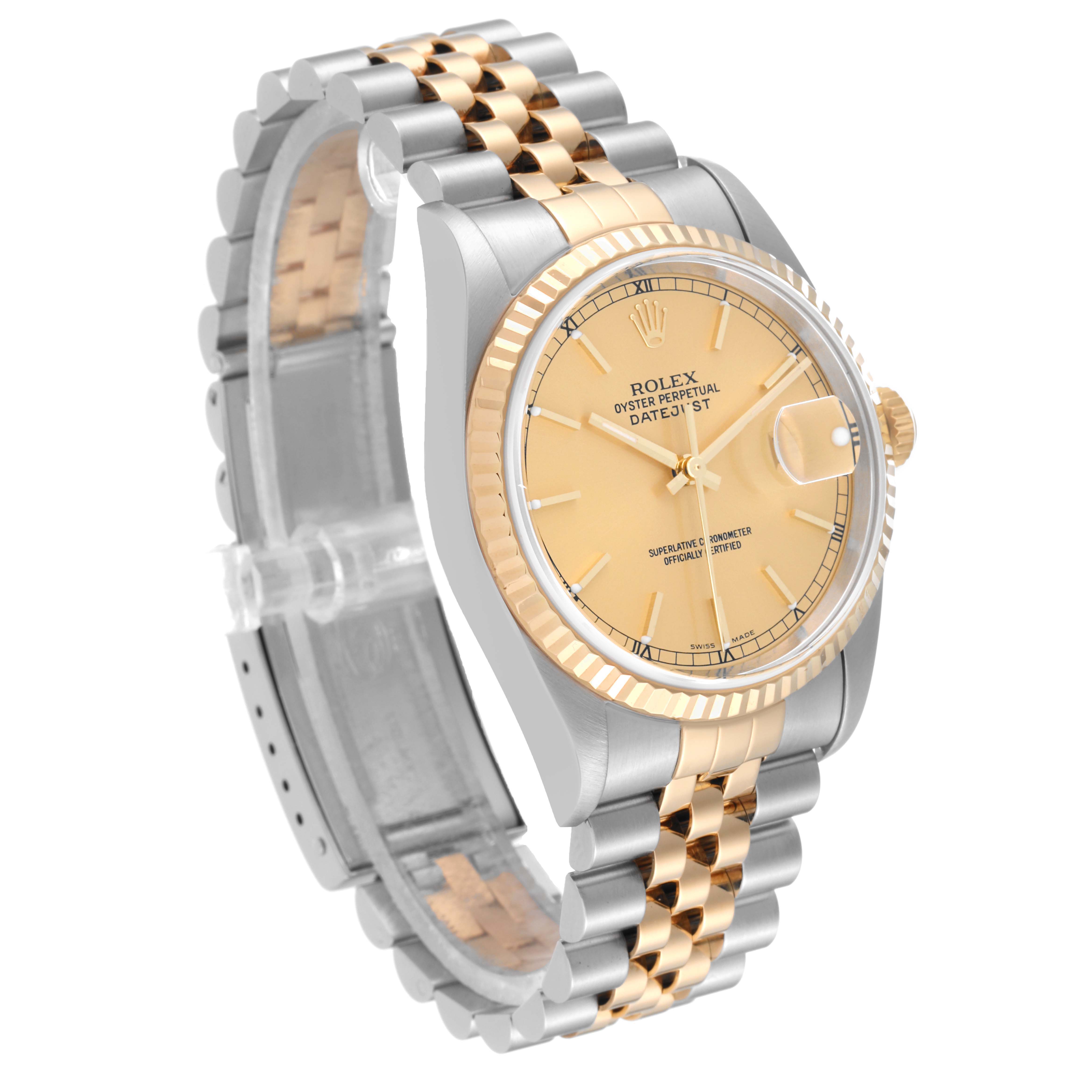 The Rolex Datejust 16233 Men's Steel and Gold (two tone) Champagne Dial 16233 Men's Steel and Gold (two tone) Champagne Dial watch is shown at a three-quarter angle, highlighting its two-tone bracelet and champagne dial.