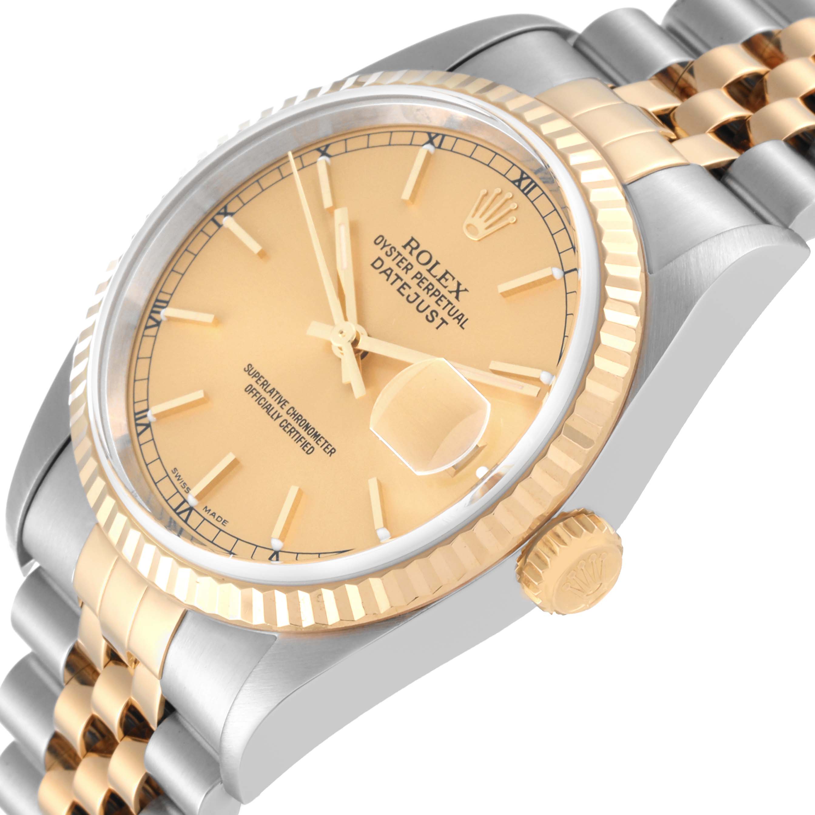 The image shows a close-up side angle of the Rolex Datejust 16233 Men's Steel and Gold (two tone) Champagne Dial 16233 Men's Steel and Gold (two tone) Champagne Dial watch, highlighting its gold dial, fluted bezel, crown, and part of the bracelet.