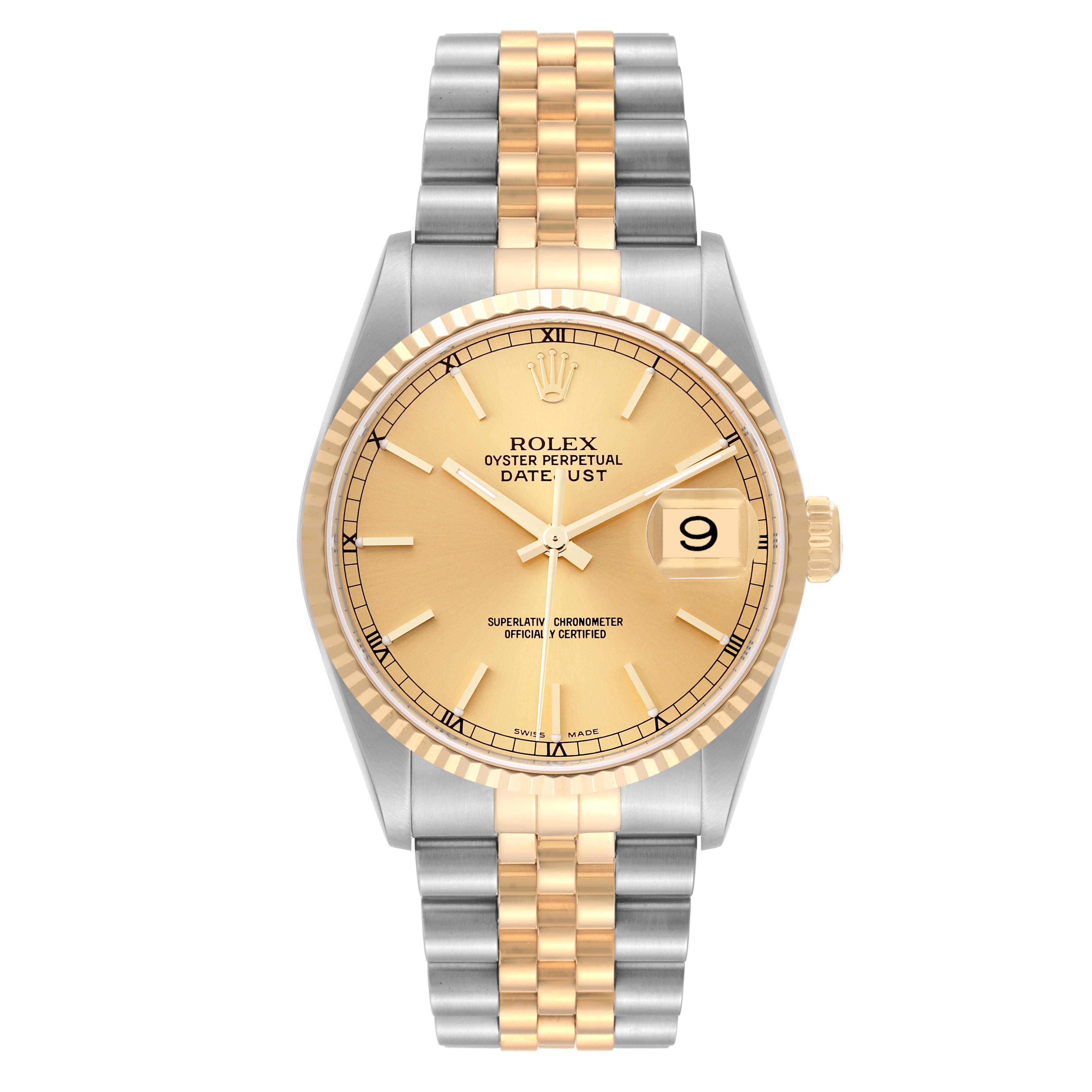 The image shows a front view of a Rolex Datejust 16233 Men's Steel and Gold (two tone) Champagne Dial 16233 Men's Steel and Gold (two tone) Champagne Dial watch, featuring a two-tone metal band, gold dial, and fluted bezel.
