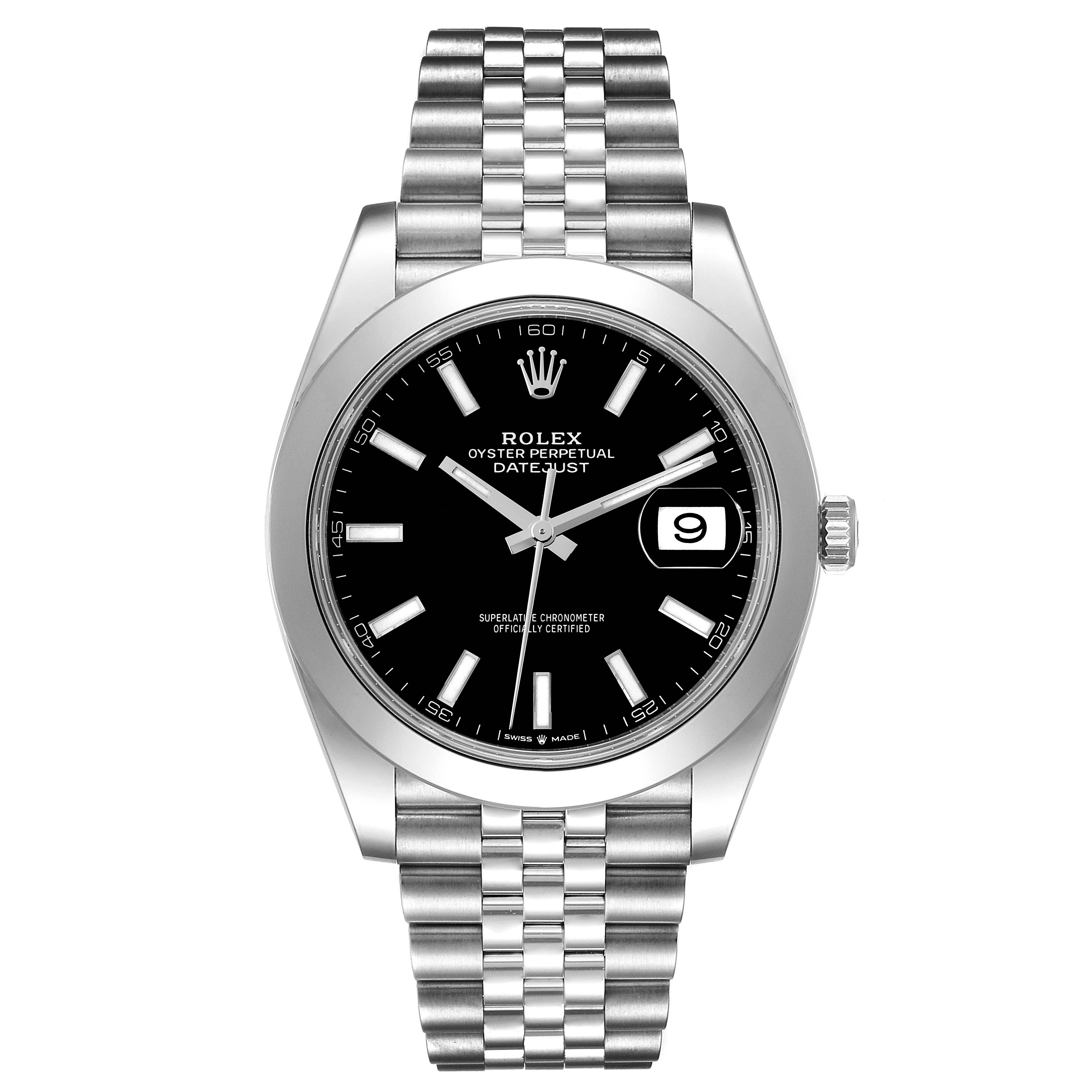 The image shows a front view of the Rolex Datejust 41 126300 Men
s Stainless Steel Black Dial 126300 Men
s Stainless Steel Black Dial, highlighting its black dial, bezel, and Jubilee bracelet.