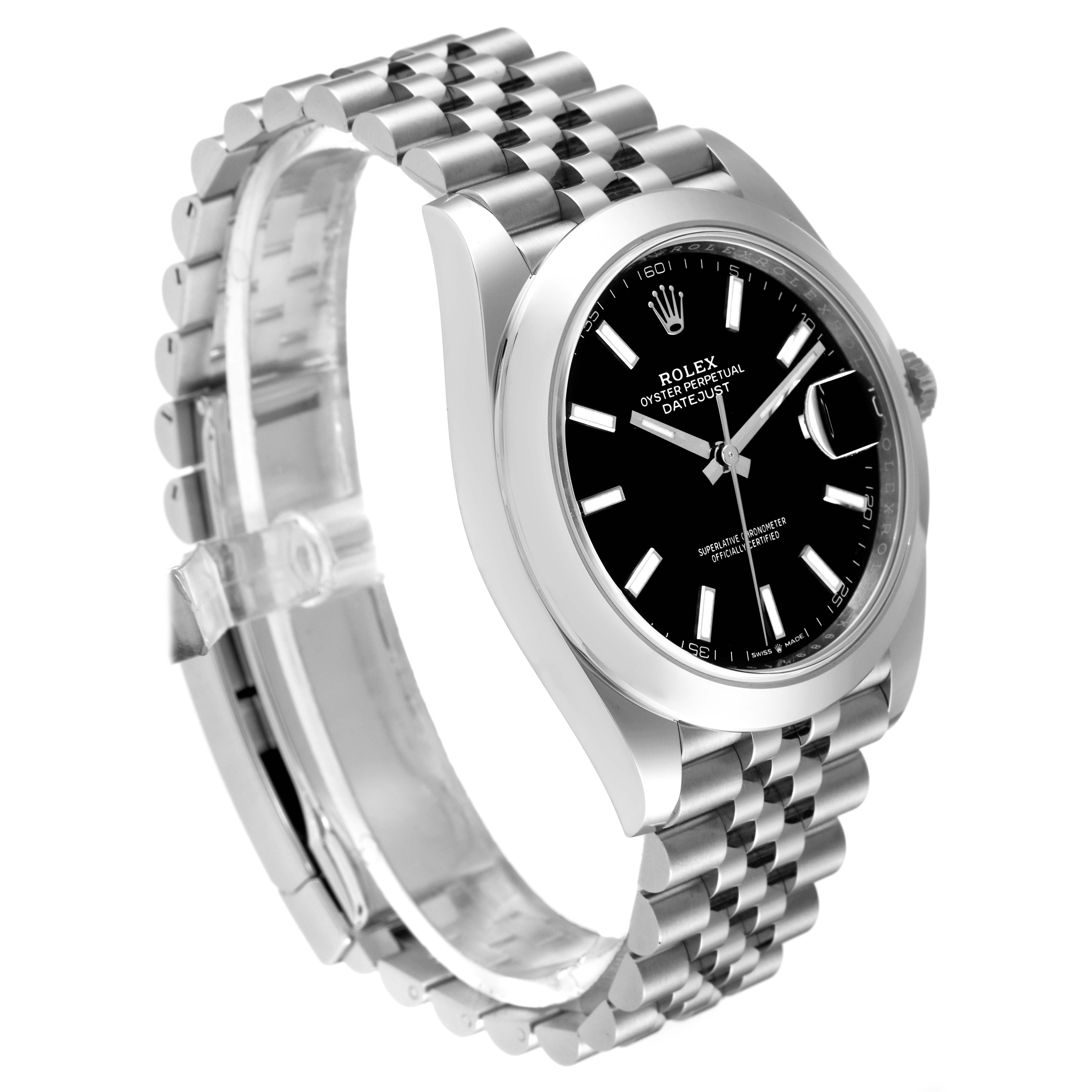 The Rolex Datejust 41 126300 Men
s Stainless Steel Black Dial 126300 Men
s Stainless Steel Black Dial is shown at an angled side view, highlighting the black dial and Jubilee bracelet.