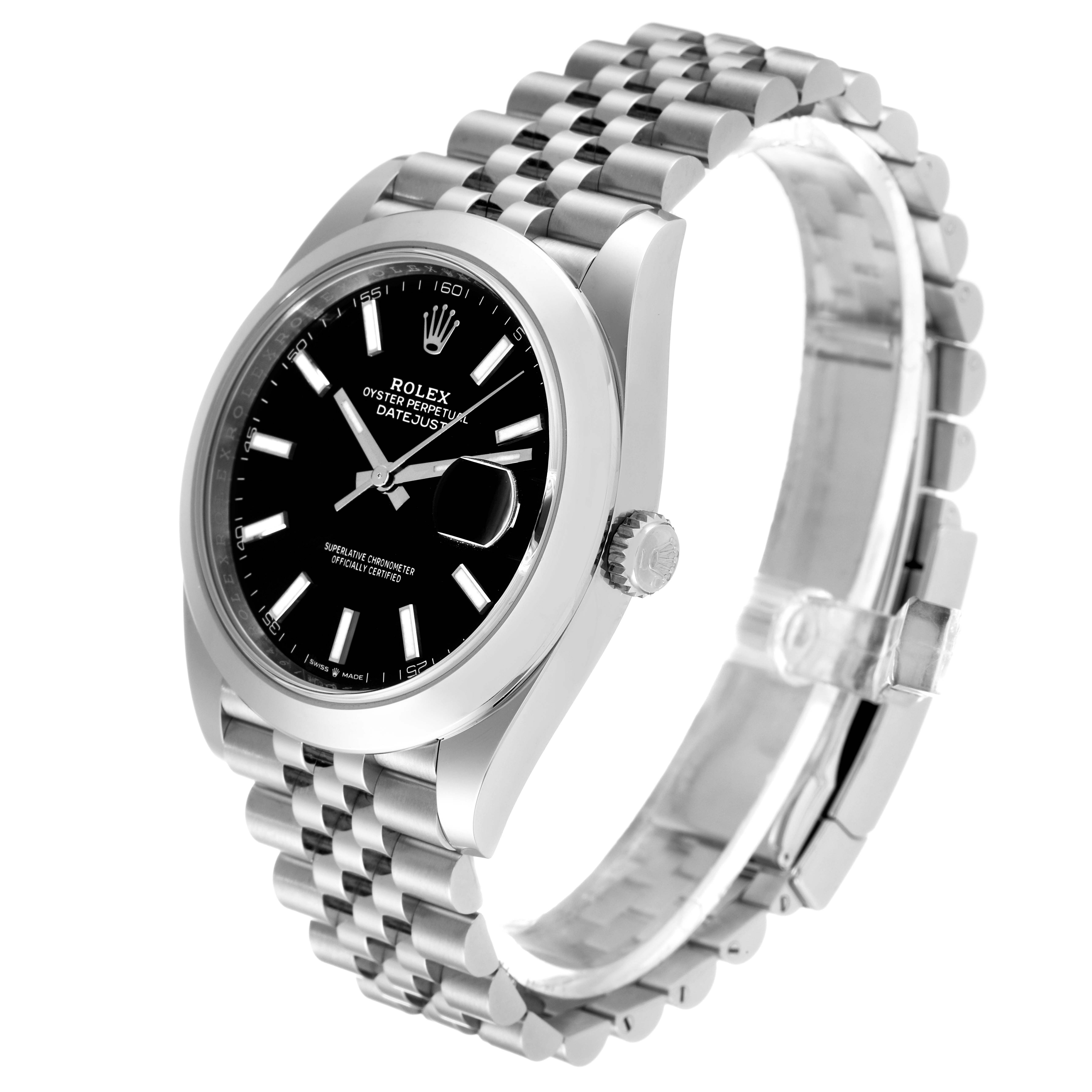 The Rolex Datejust 41 126300 Men
s Stainless Steel Black Dial 126300 Men
s Stainless Steel Black Dial is shown at a three-quarter angle, highlighting the dial, bezel, crown, and bracelet.
