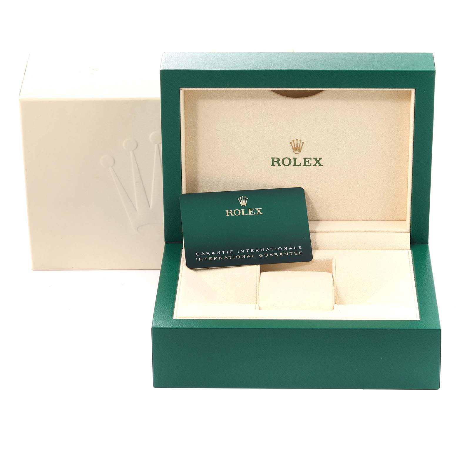 The image shows an open Rolex Datejust 41 126300 Men
s Stainless Steel Black Dial 126300 Men
s Stainless Steel Black Dial box with a guarantee card, viewed from a frontal angle.