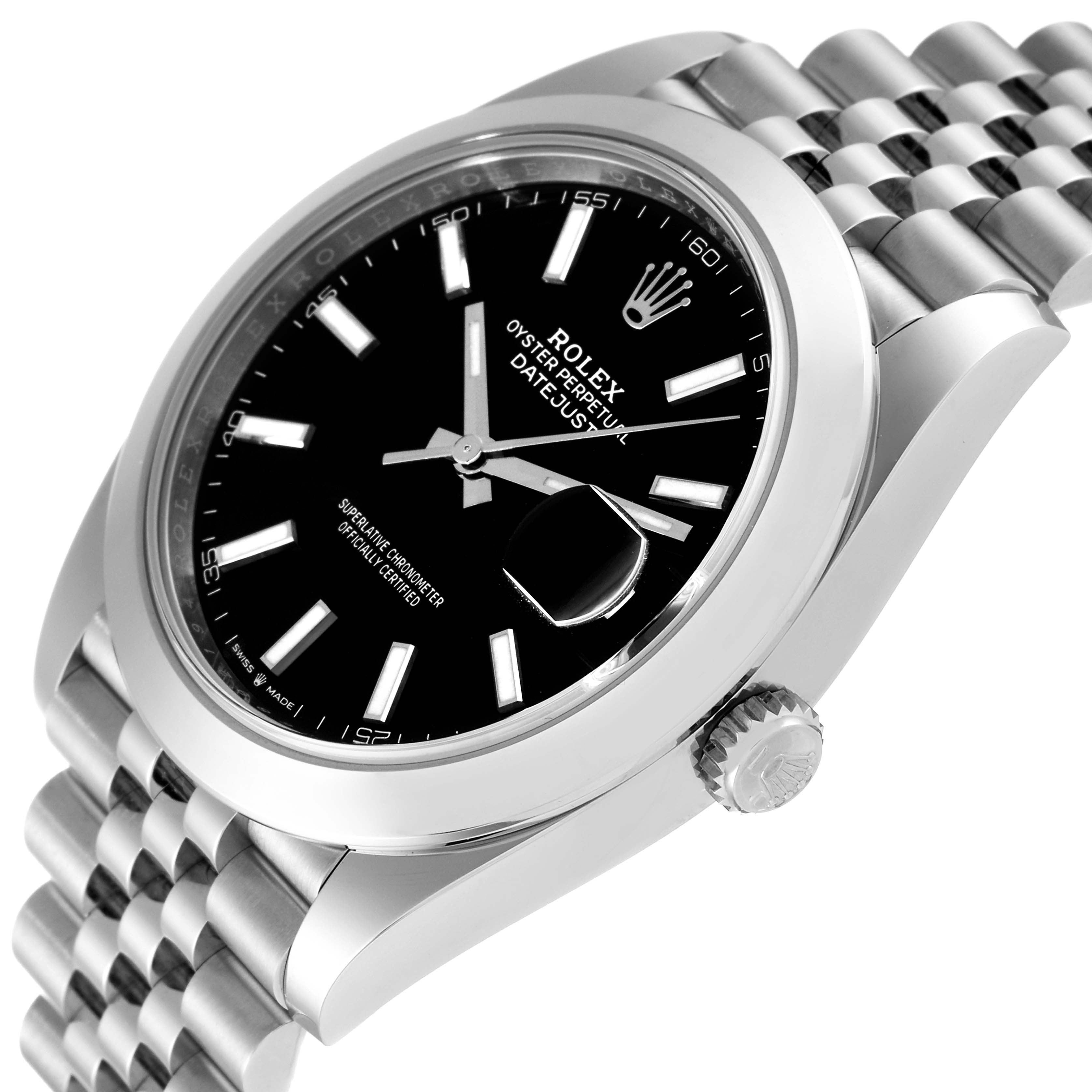 The Rolex Datejust 41 126300 Men
s Stainless Steel Black Dial 126300 Men
s Stainless Steel Black Dial is shown at a side angle, displaying the bezel, dial, and part of the bracelet and crown.