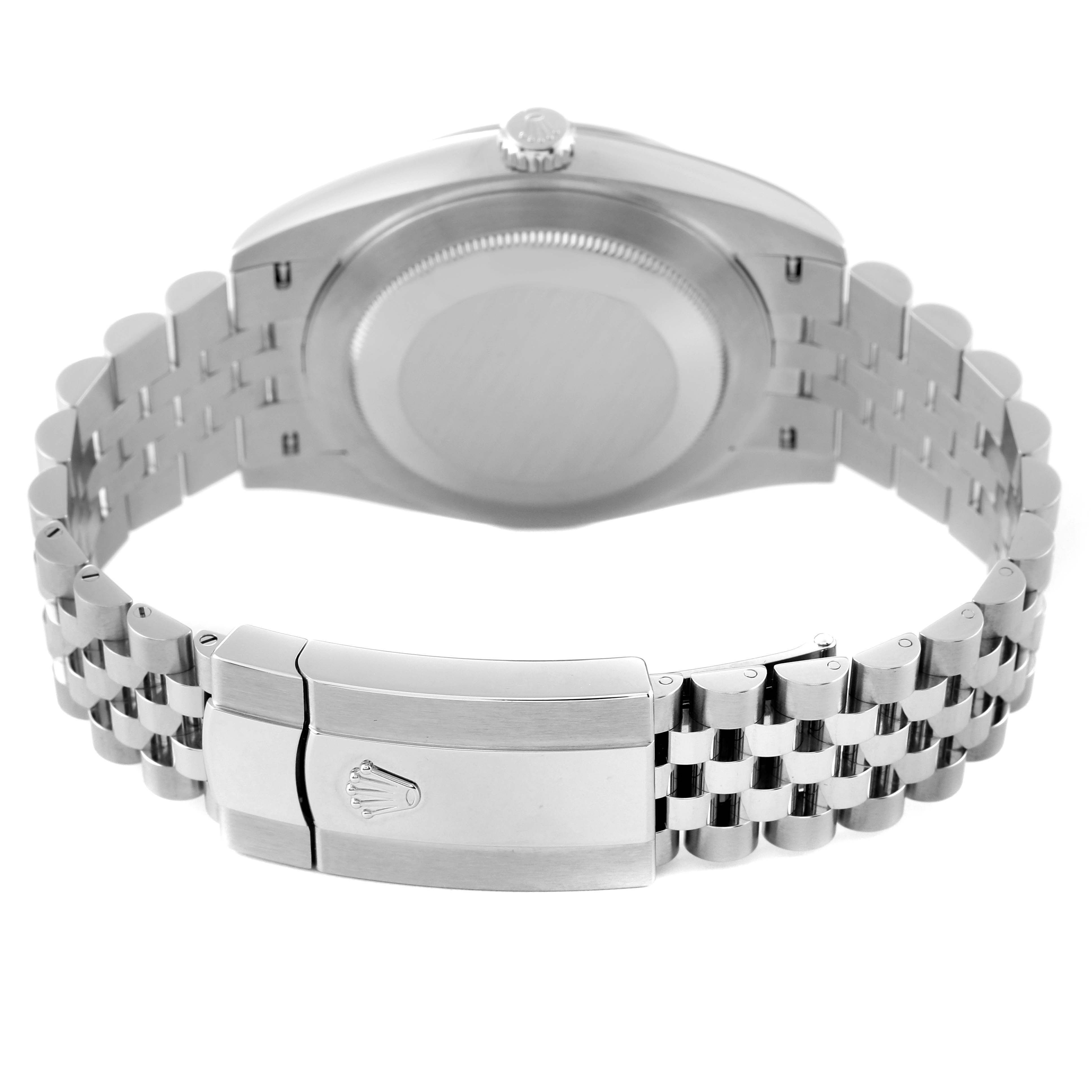 The image shows the back of the Rolex Datejust 41 126300 Men
s Stainless Steel Black Dial 126300 Men
s Stainless Steel Black Dial watch, highlighting the clasp and bracelet.