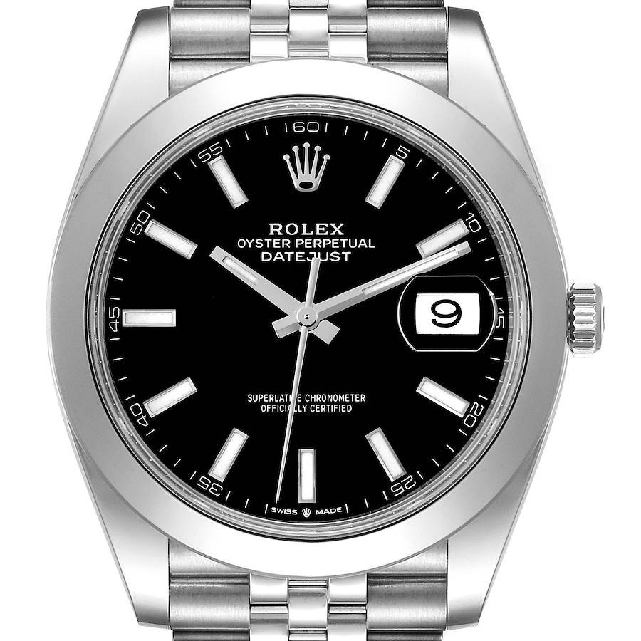 The Rolex Datejust 41 is shown from the front, highlighting the black dial, hour markers, hands, bezel, and part of the bracelet.