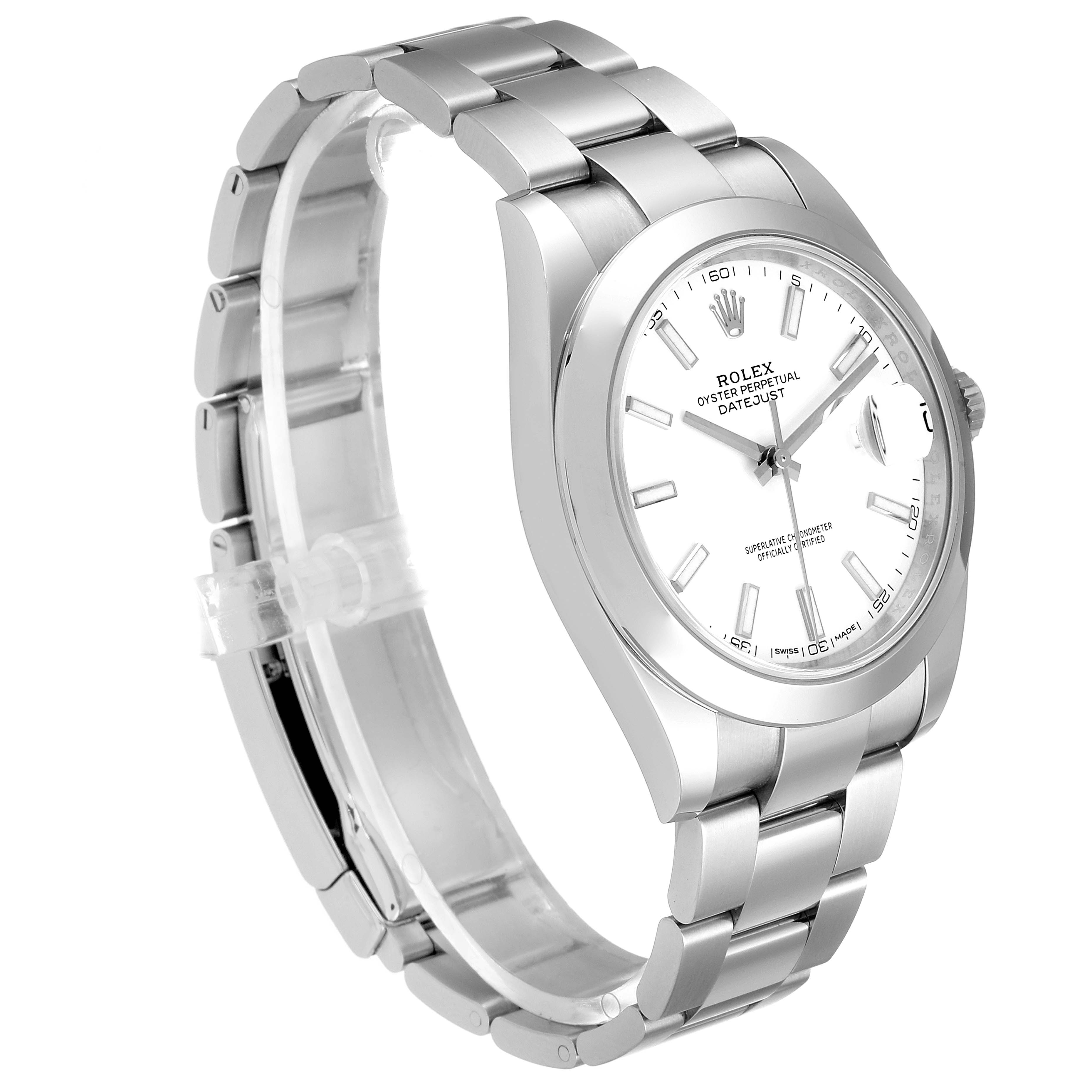 The image shows a Rolex Datejust 41 126300 Men's Stainless Steel White Dial 126300 Men's Stainless Steel White Dial model watch from a side angle, highlighting the face, dial, and bracelet.