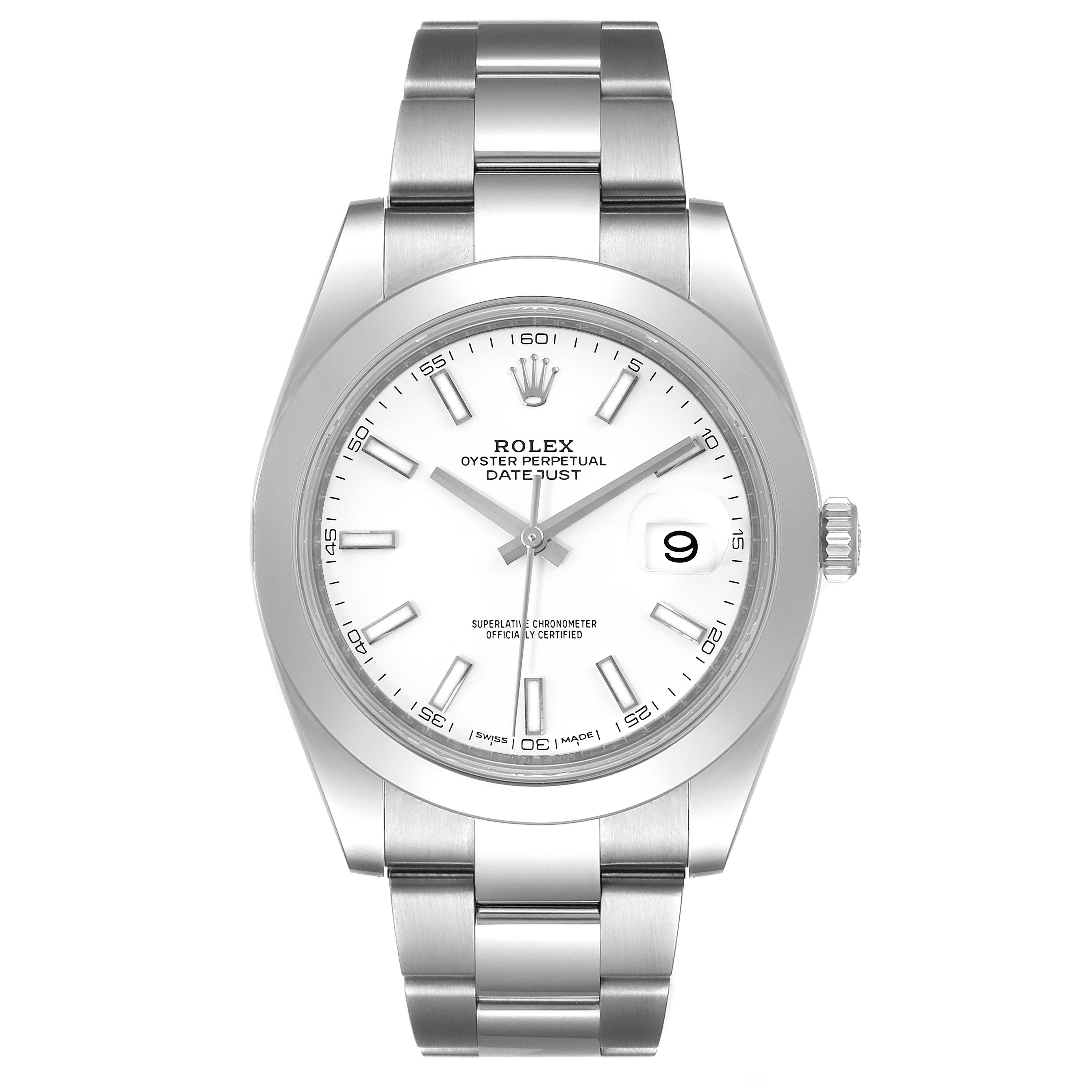 This image shows a front view of the Rolex Datejust 41 126300 Men's Stainless Steel White Dial 126300 Men's Stainless Steel White Dial watch, highlighting its dial, bezel, and bracelet.
