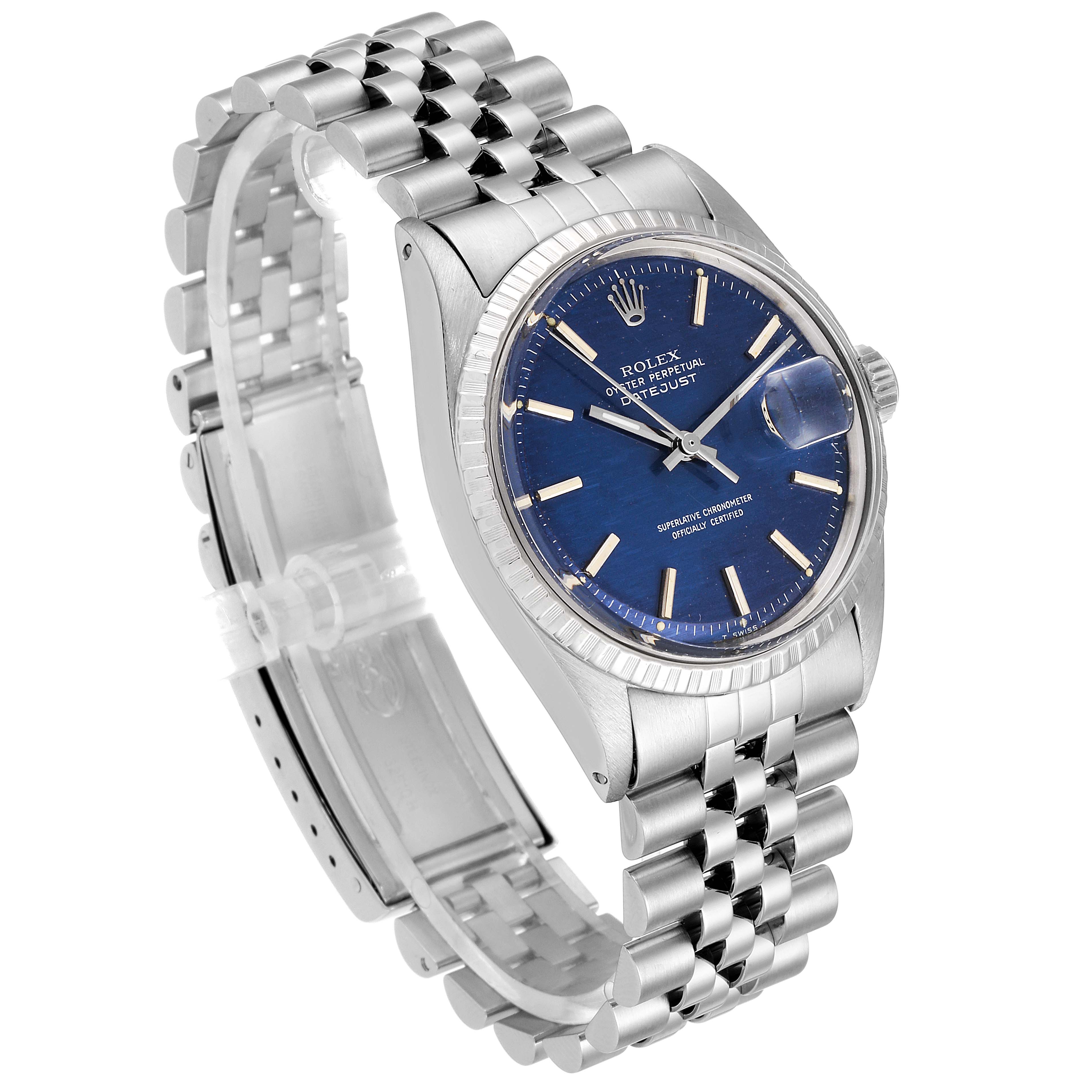 The Rolex Vintage Collection 1603 Men's Stainless Steel Blue Dial 1603 Men's Stainless Steel Blue Dial model is shown at a slight angle, highlighting its face, bezel, crown, and bracelet.