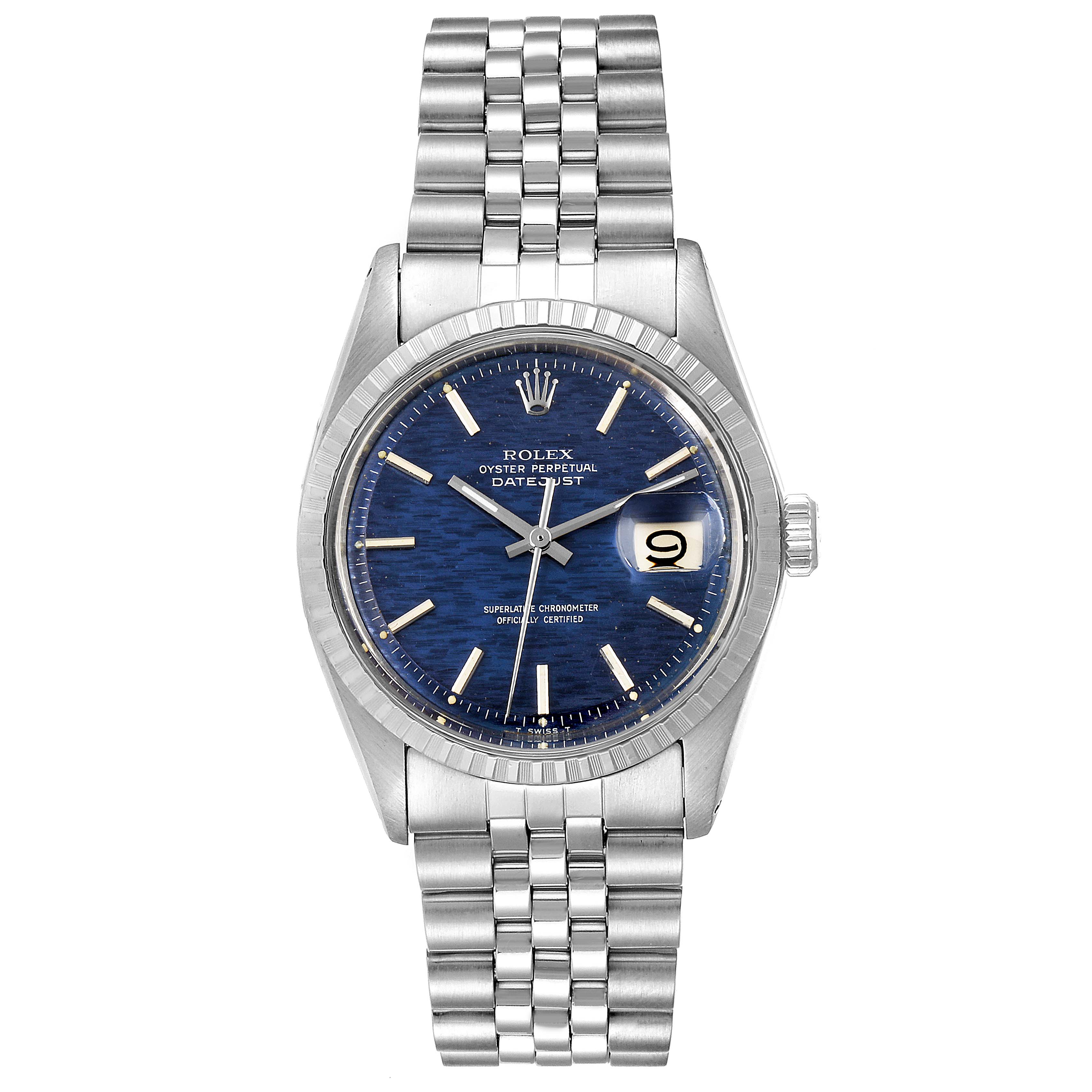 The image shows a front view of a Rolex Vintage Collection 1603 Men's Stainless Steel Blue Dial 1603 Men's Stainless Steel Blue Dial Oyster Perpetual Datejust watch, featuring a blue dial and metal bracelet.