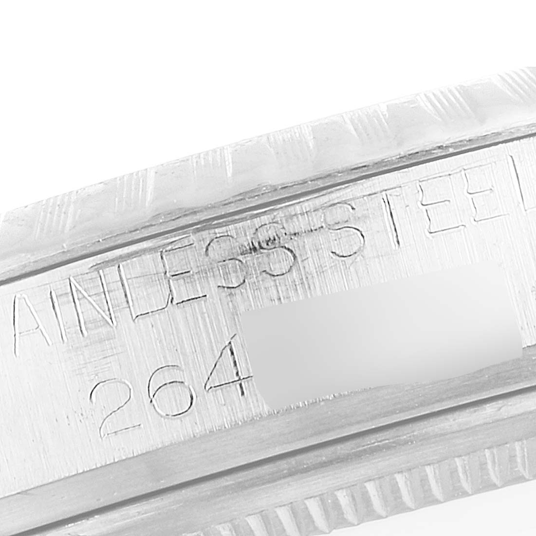 This image shows the side engraving on the stainless steel casing of the Rolex Vintage Collection 1603 Men's Stainless Steel Blue Dial 1603 Men's Stainless Steel Blue Dial watch.