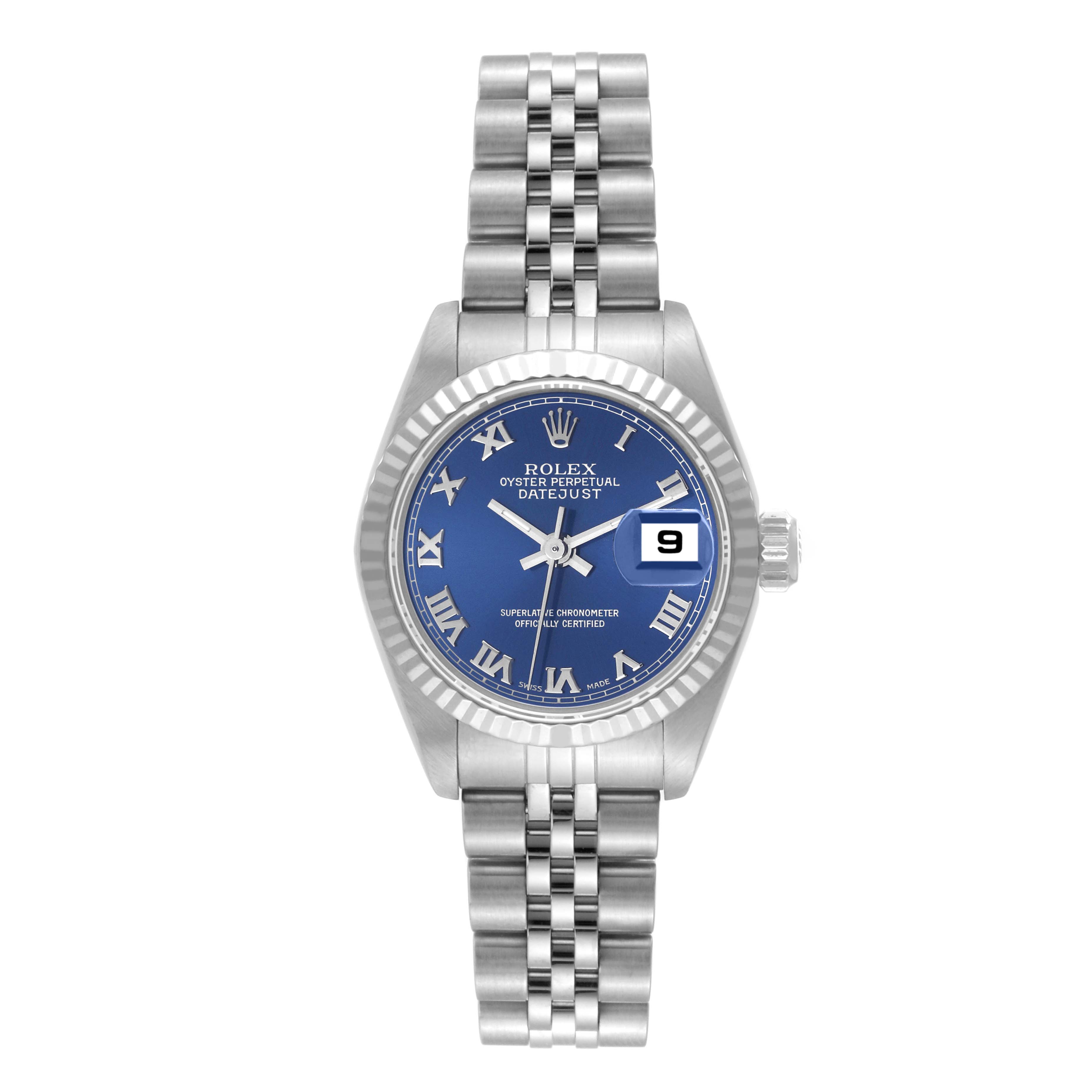 This image displays a full frontal view of a Rolex Datejust 79174 Women's Stainless Steel Blue Dial 79174 Women's Stainless Steel Blue Dial watch, showcasing its face, bezel, and bracelet.