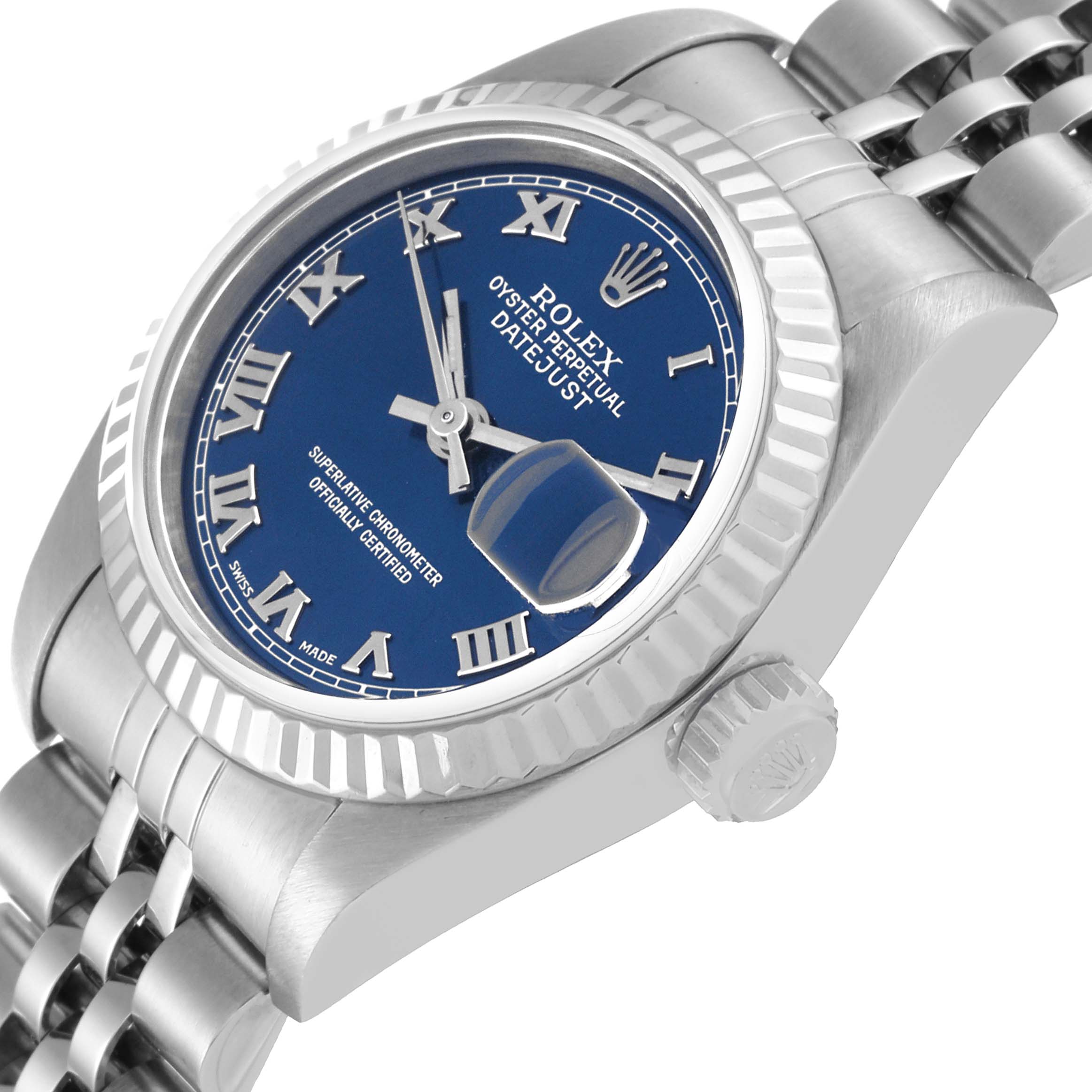 The image shows a side angle of a Rolex Datejust 79174 Women's Stainless Steel Blue Dial 79174 Women's Stainless Steel Blue Dial watch, highlighting its blue dial, fluted bezel, and part of the bracelet.