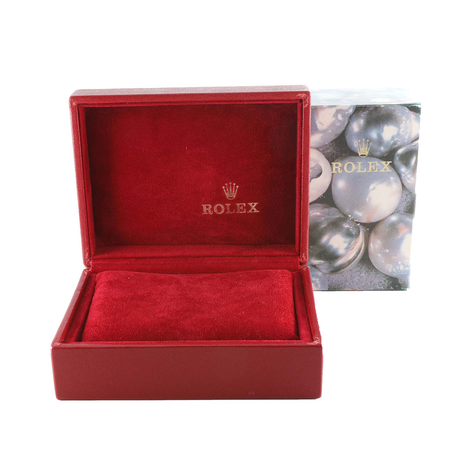 This image shows an open, empty red Rolex watch box with the Rolex logo inside, along with the outer packaging in the background.