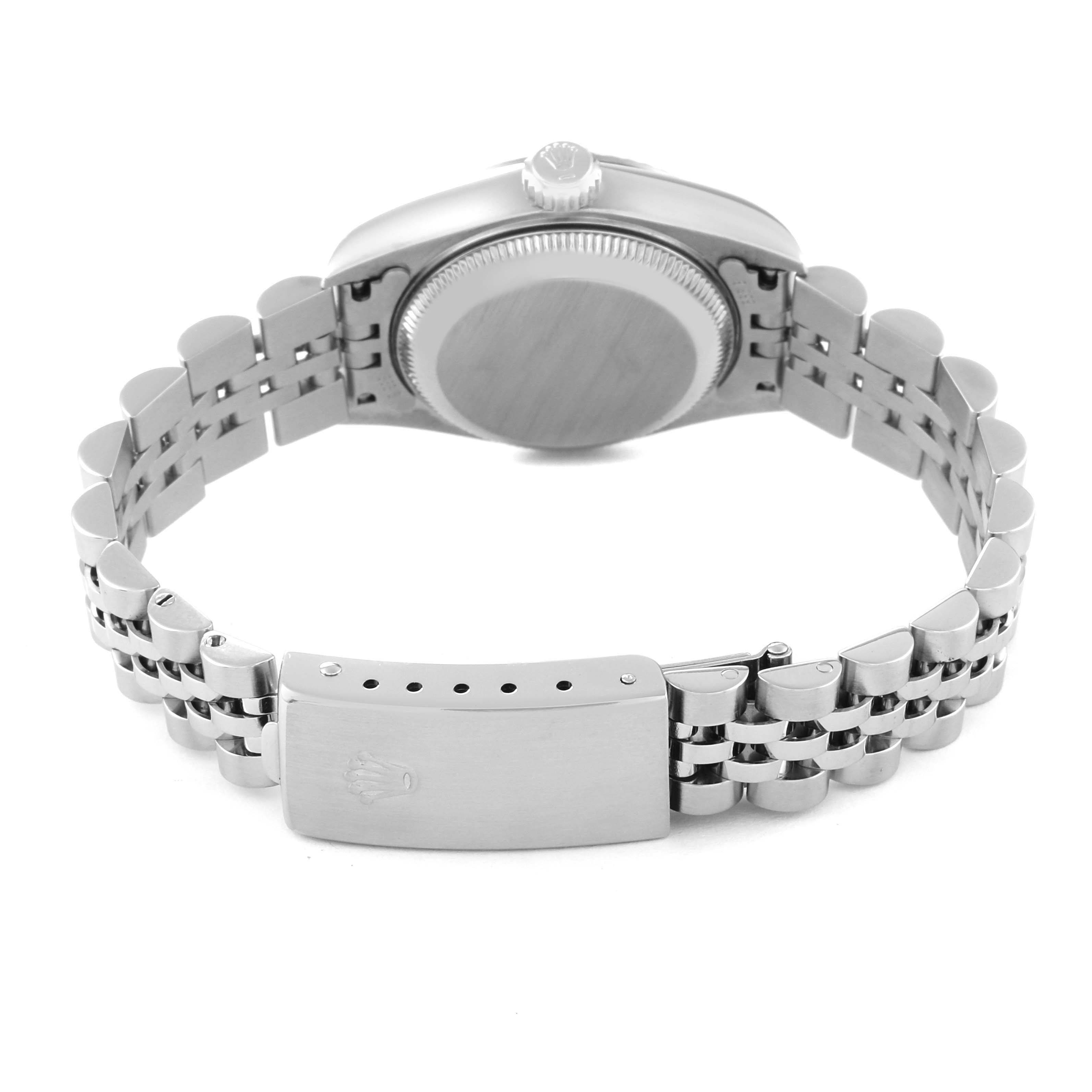 This image shows the back view of a Rolex Datejust 79174 Women's Stainless Steel Blue Dial 79174 Women's Stainless Steel Blue Dial watch, highlighting the case back and the bracelet with its clasp.