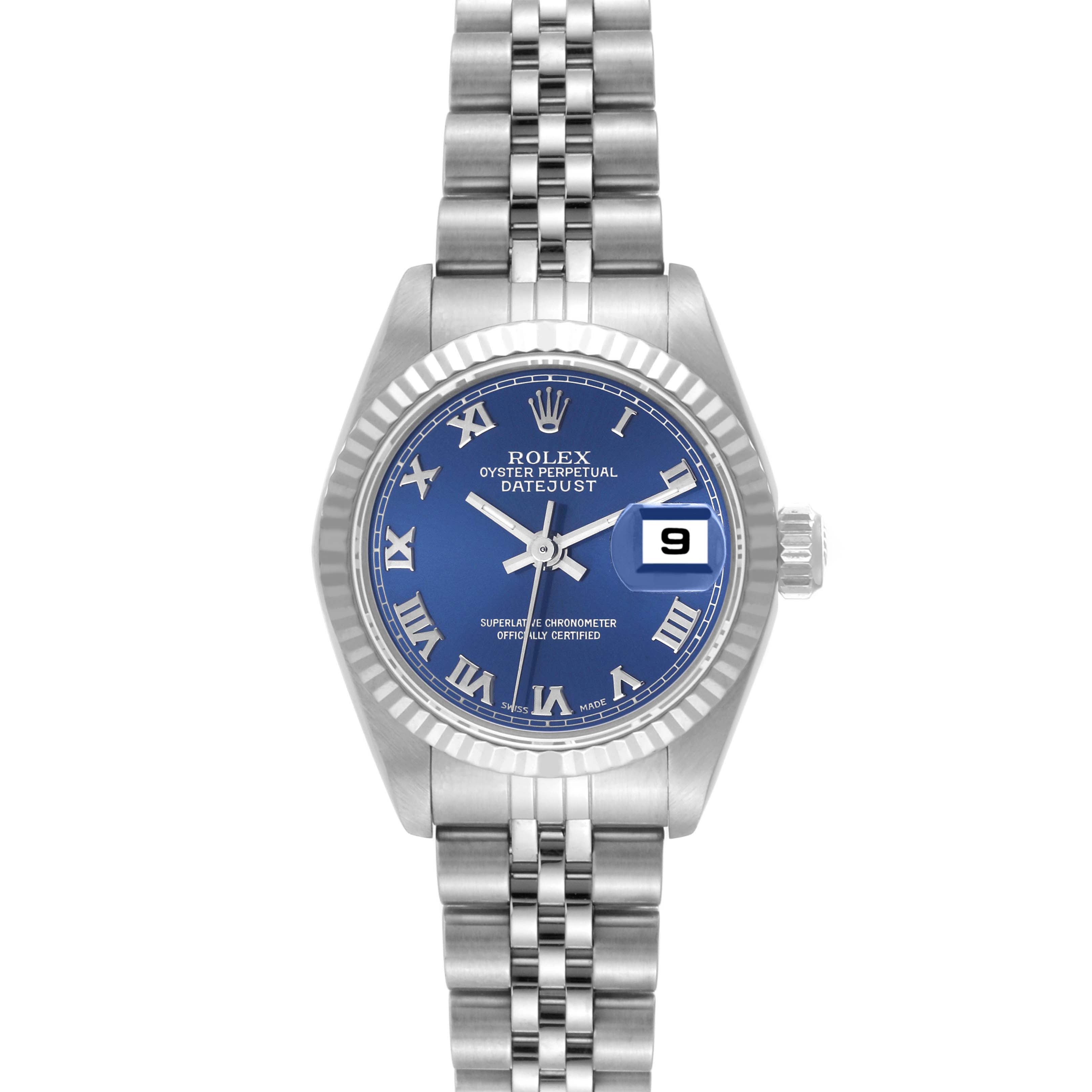 This image shows a front view of the Rolex Datejust 79174 Women's Stainless Steel Blue Dial 79174 Women's Stainless Steel Blue Dial watch, highlighting the blue dial, fluted bezel, date magnifier, and jubilee bracelet.