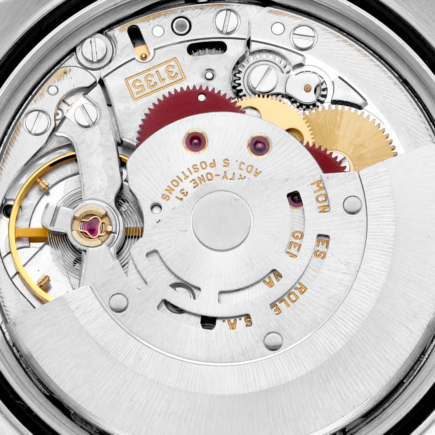 This is a close-up view of the internal mechanism of a Rolex Datejust 16220 Men's Stainless Steel Black Dial 16220 Men's Stainless Steel Black Dial watch.