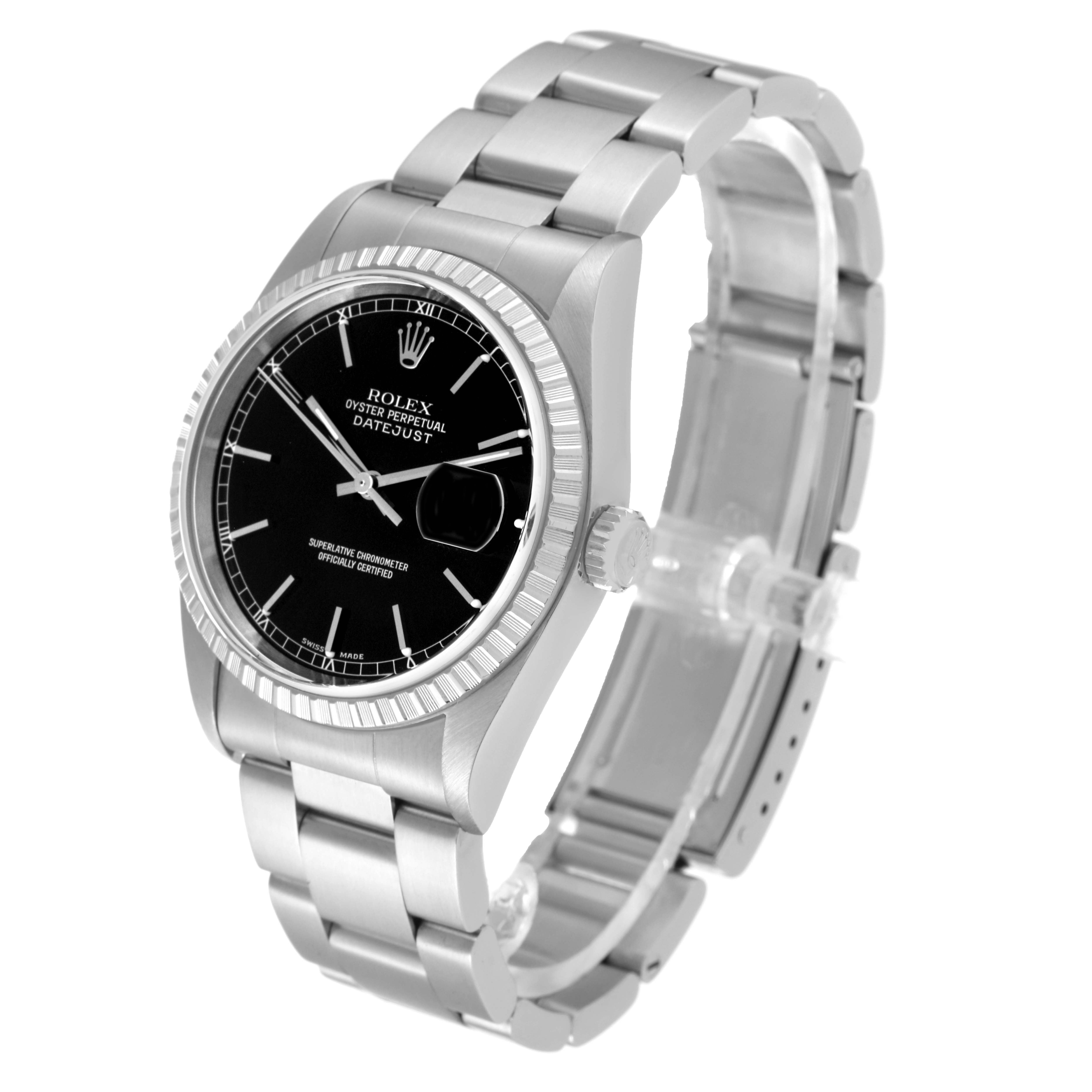 The Rolex Datejust 16220 Men's Stainless Steel Black Dial 16220 Men's Stainless Steel Black Dial watch is shown at a 3/4 angle, highlighting the dial, bezel, crown, and bracelet.