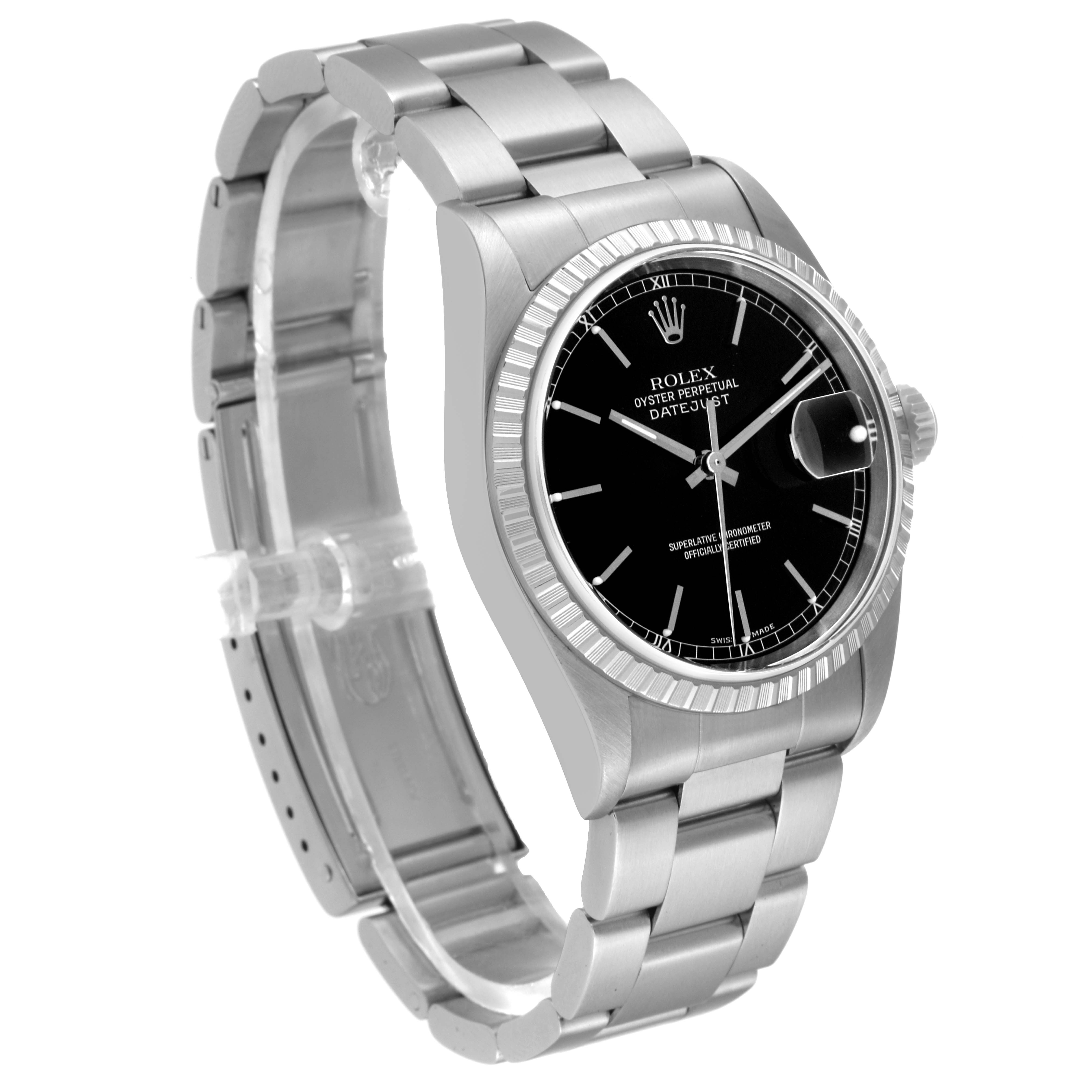 This image shows a Rolex Datejust 16220 Men's Stainless Steel Black Dial 16220 Men's Stainless Steel Black Dial watch at an angled front-left view, highlighting its black dial, fluted bezel, and bracelet.