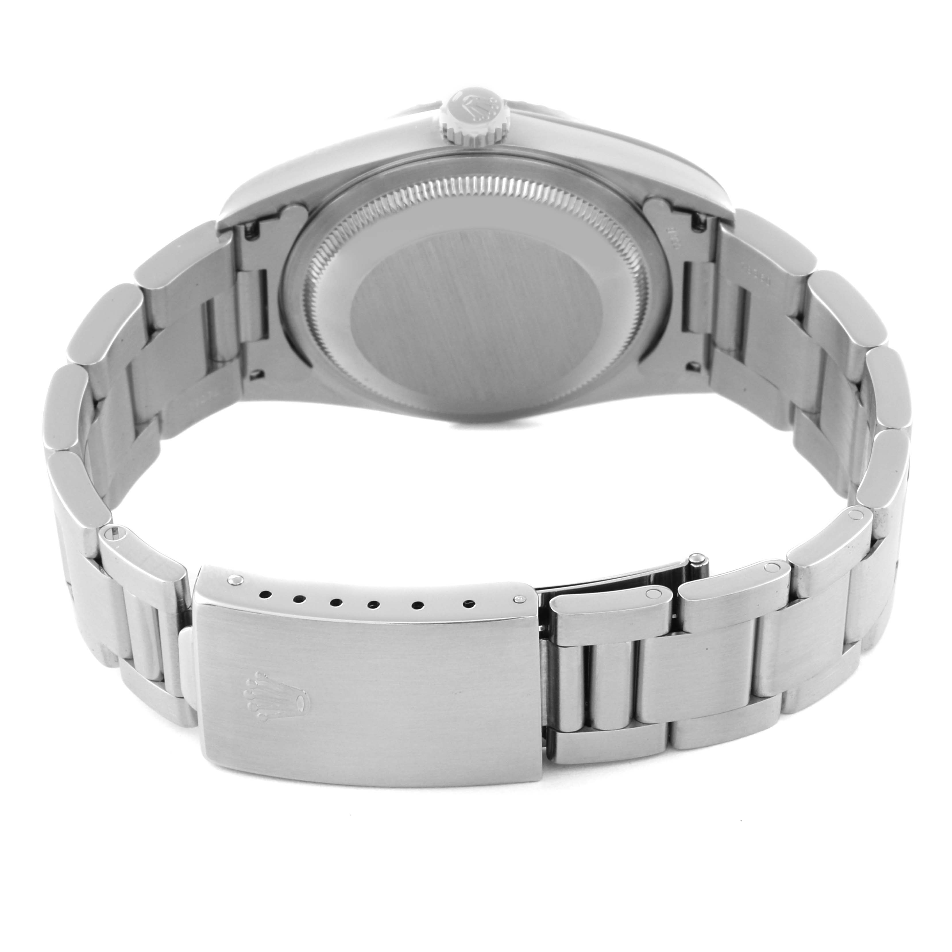 The image shows the back side and bracelet of a Rolex Datejust 16220 Men's Stainless Steel Black Dial 16220 Men's Stainless Steel Black Dial watch, with the clasp and crown visible.