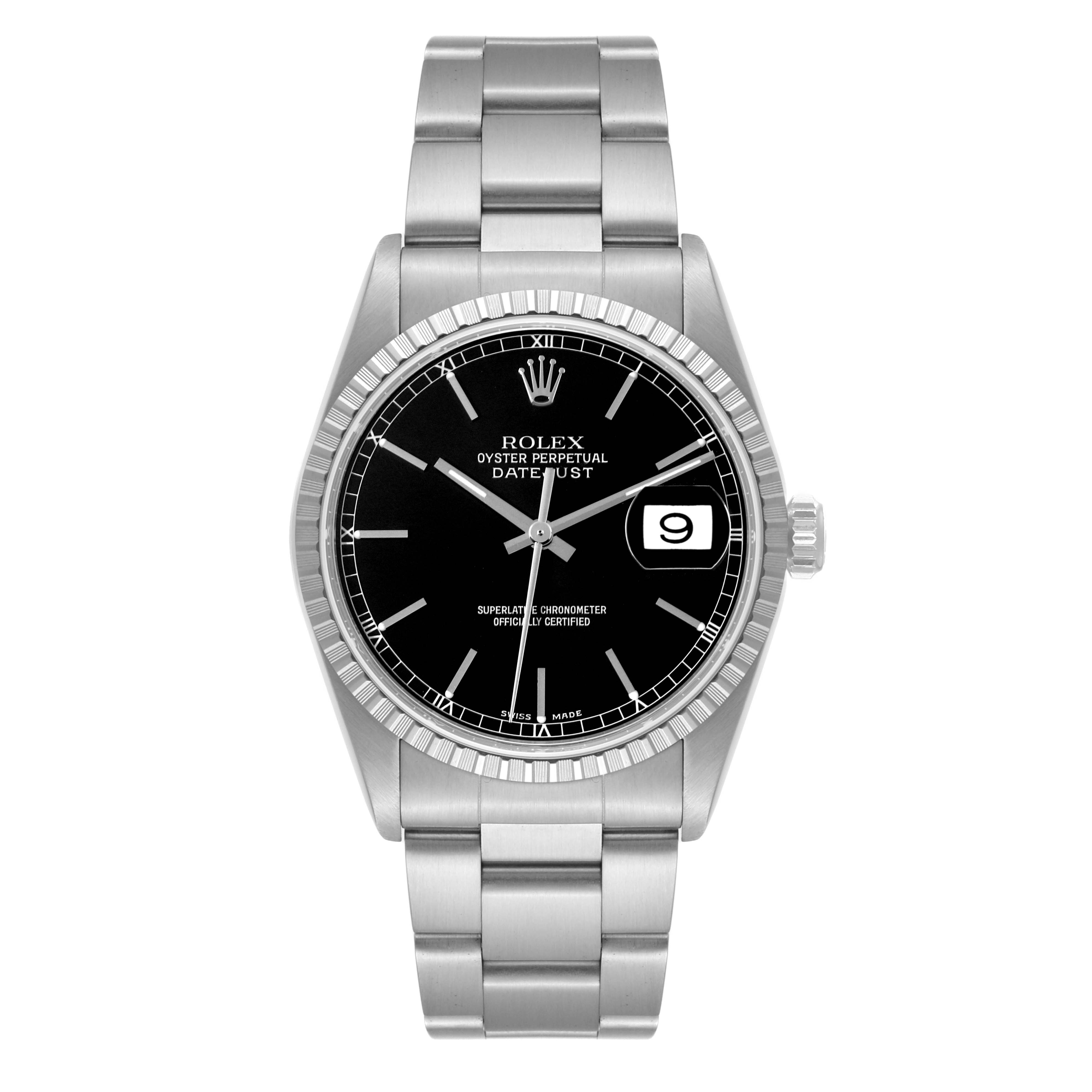 This is a front view of a Rolex Datejust 16220 Men's Stainless Steel Black Dial 16220 Men's Stainless Steel Black Dial watch, showing the full bracelet, case, bezel, dial, hands, and date window.