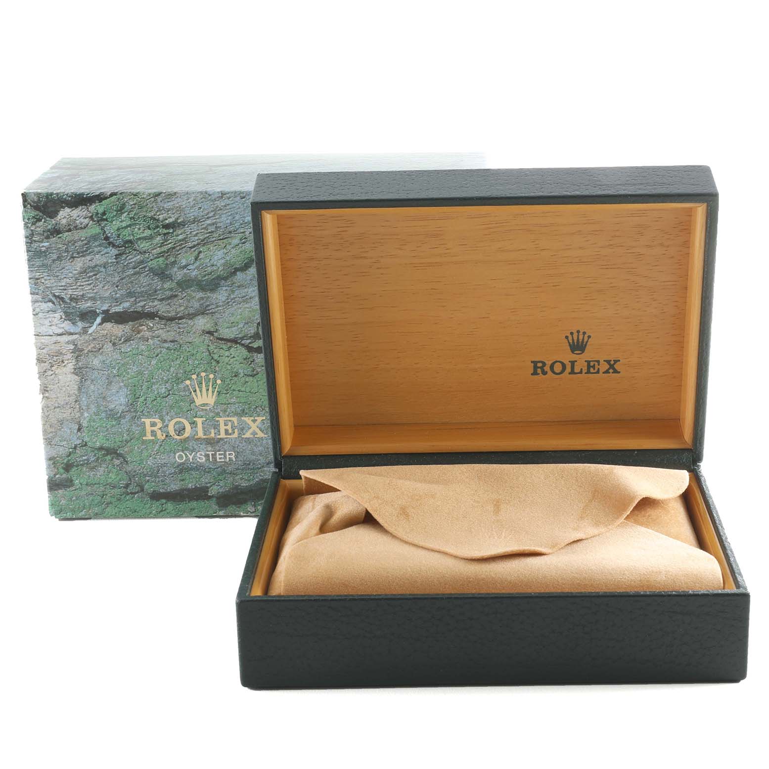 The image shows a Rolex Datejust 16220 Men's Stainless Steel Black Dial 16220 Men's Stainless Steel Black Dial watch box and pouch from a front angle.