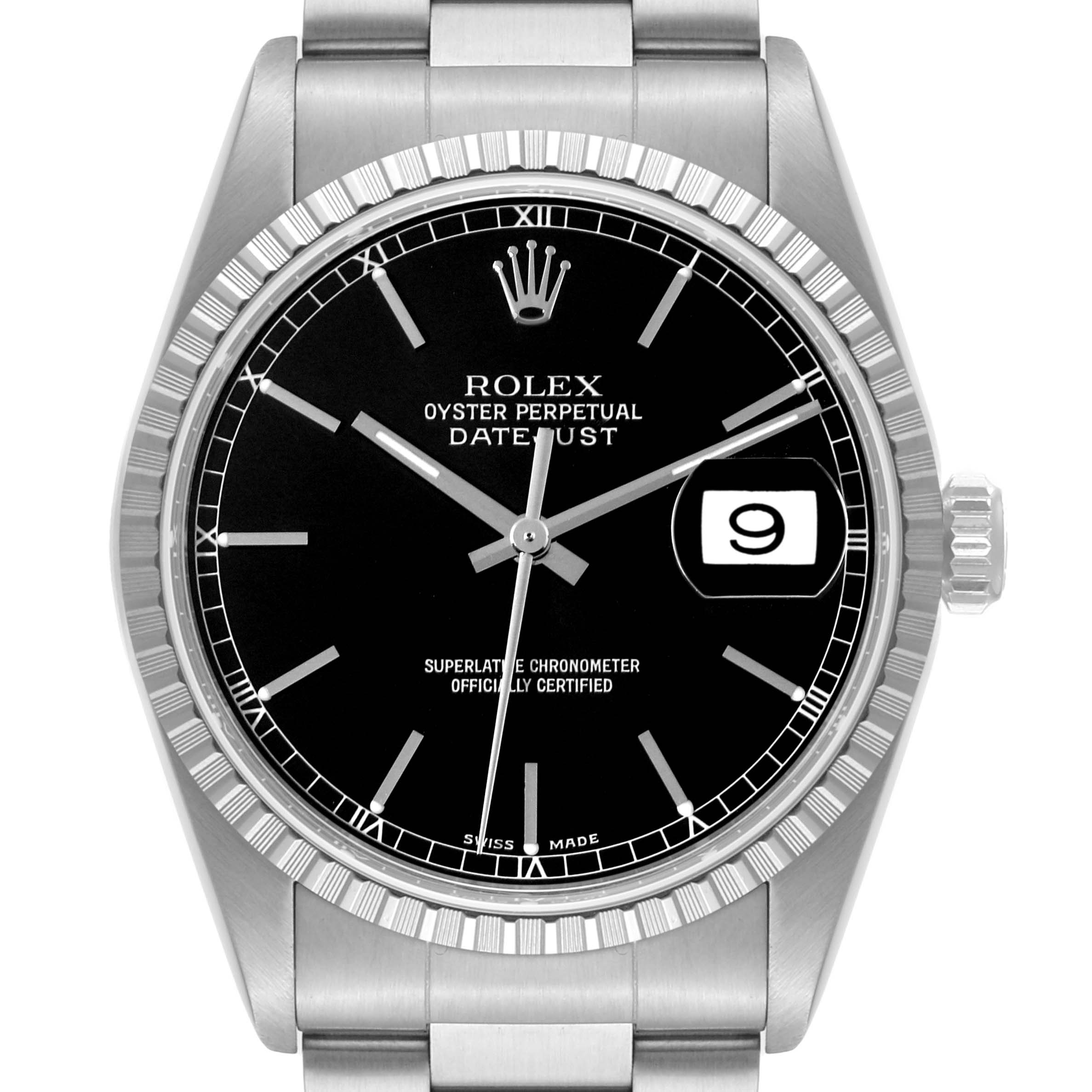 This image shows a front view of the Rolex Datejust 16220 Men's Stainless Steel Black Dial 16220 Men's Stainless Steel Black Dial watch, highlighting the face, bezel, and bracelet.