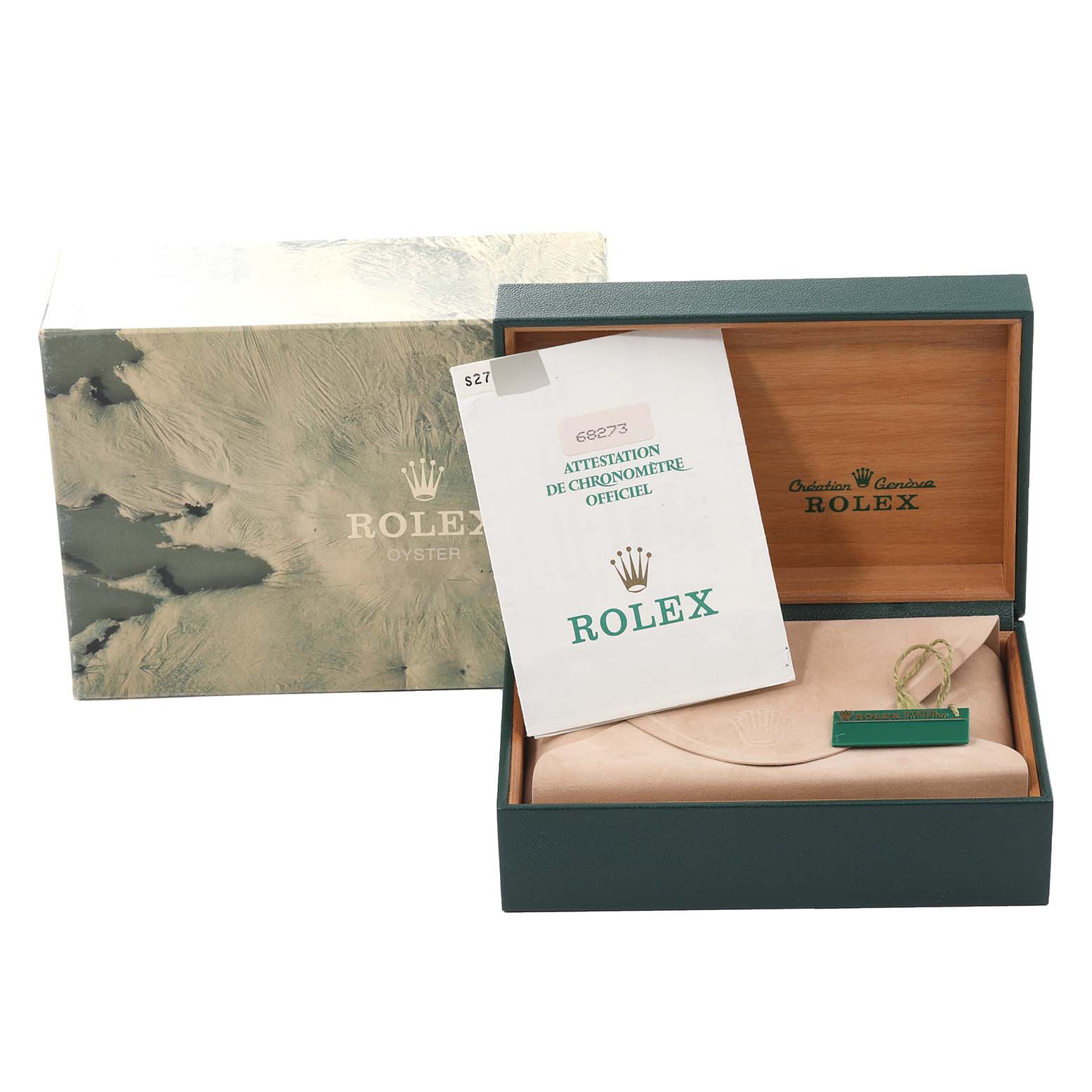 The image shows the packaging, including the box and papers, for a Rolex Mid-Size 68273 Women's Steel and Gold (two tone) Champagne Dial 68273 Women's Steel and Gold (two tone) Champagne Dial model watch.