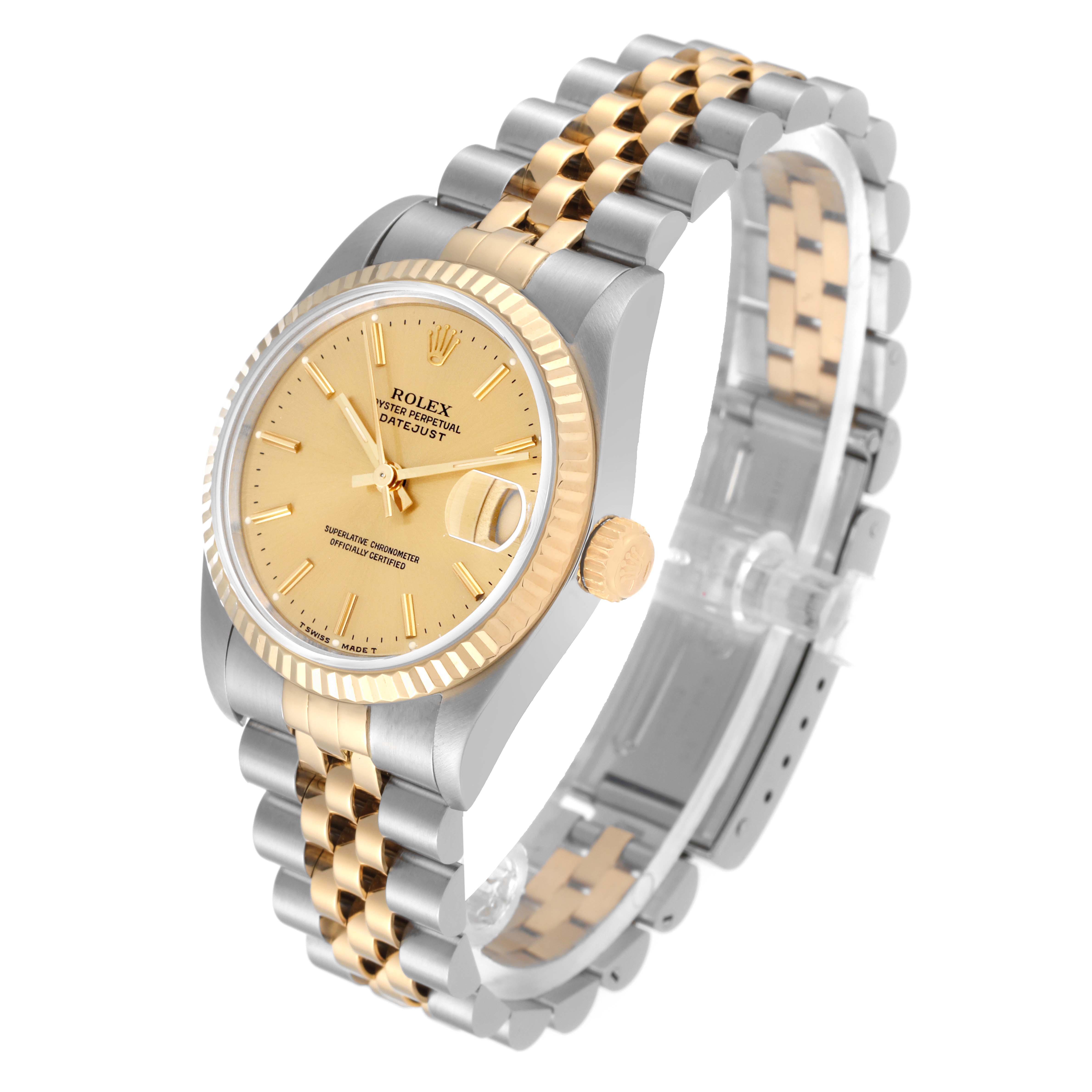 The image shows a Rolex Mid-Size 68273 Women's Steel and Gold (two tone) Champagne Dial 68273 Women's Steel and Gold (two tone) Champagne Dial Datejust watch at a three-quarter angle, highlighting its two-tone bracelet and champagne dial.