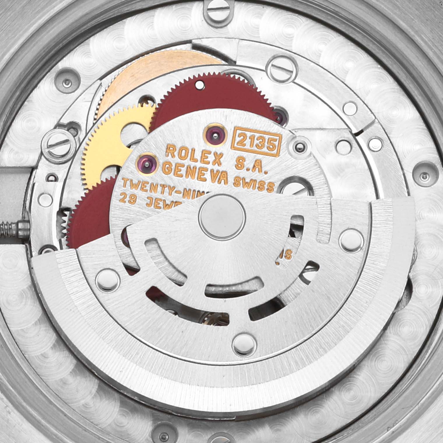 The image shows the intricate inner movement mechanism of a Rolex Mid-Size 68273 Women's Steel and Gold (two tone) Champagne Dial 68273 Women's Steel and Gold (two tone) Champagne Dial model watch viewed from the back.