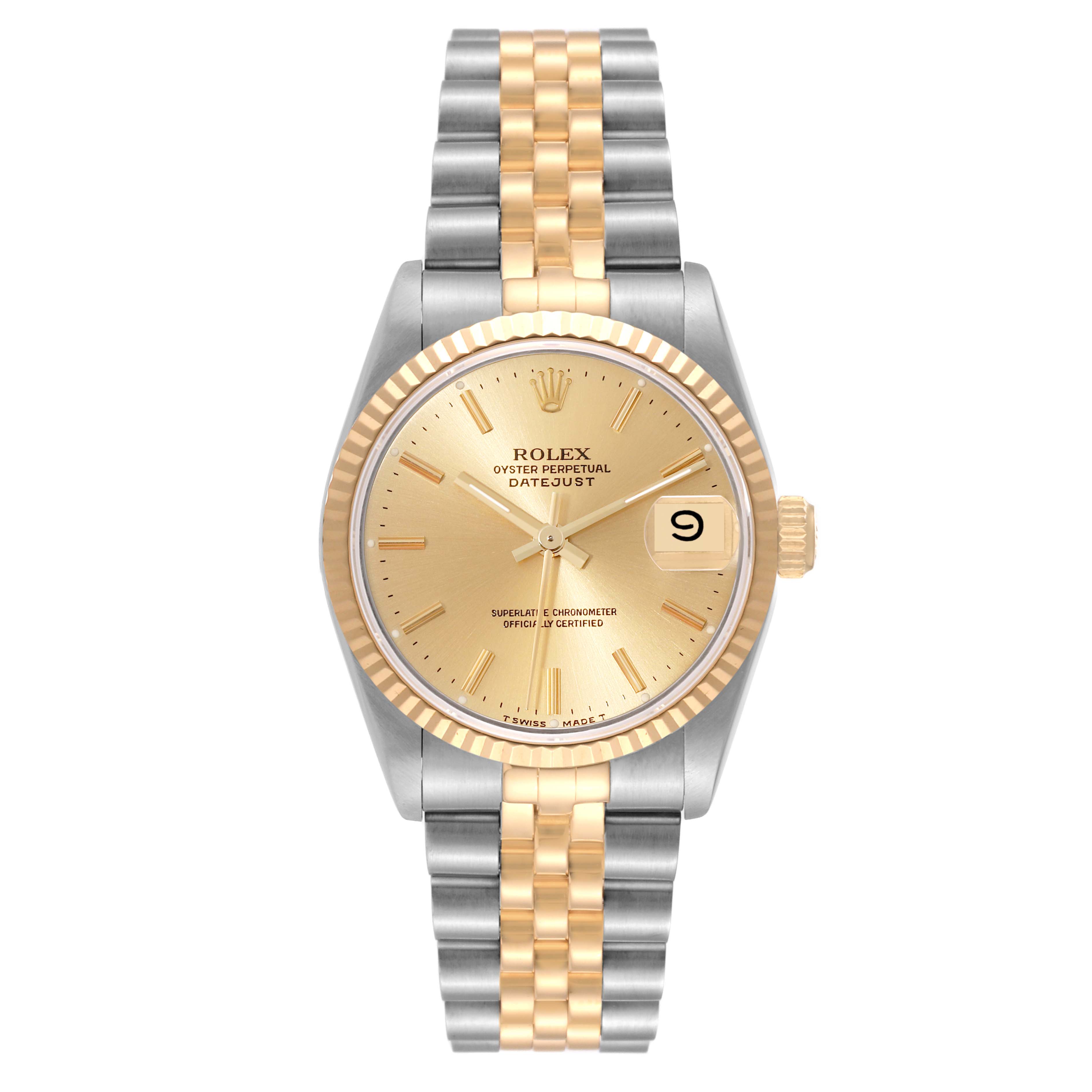 This Rolex Mid-Size 68273 Women's Steel and Gold (two tone) Champagne Dial 68273 Women's Steel and Gold (two tone) Champagne Dial Oyster Perpetual Datejust watch is shown from a front angle, highlighting its two-tone bracelet and gold dial.