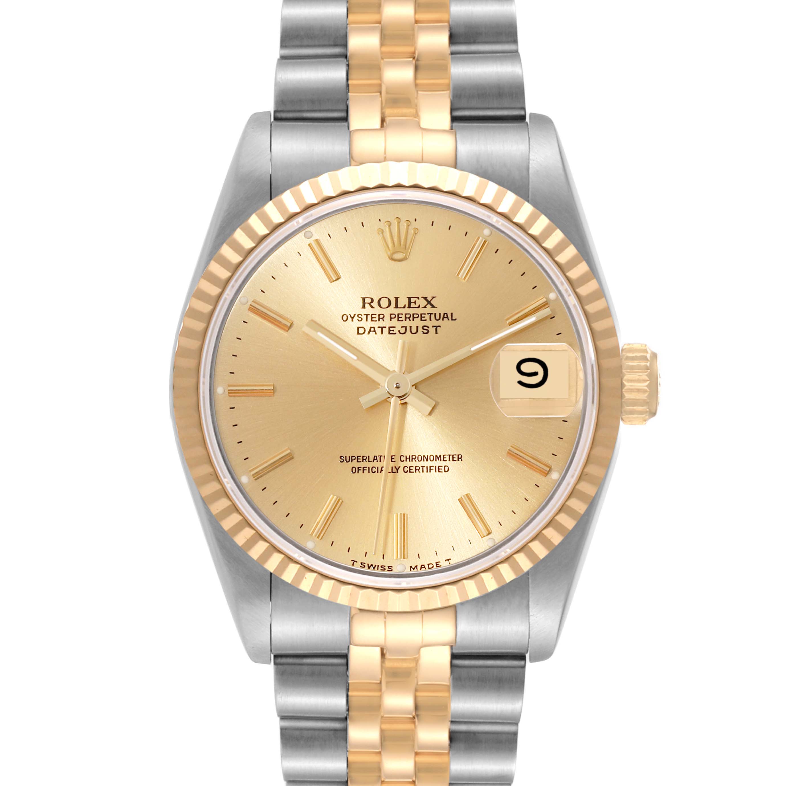 The image shows a full frontal view of a Rolex Mid-Size 68273 Women's Steel and Gold (two tone) Champagne Dial 68273 Women's Steel and Gold (two tone) Champagne Dial Oyster Perpetual Datejust watch with a two-tone metal bracelet.