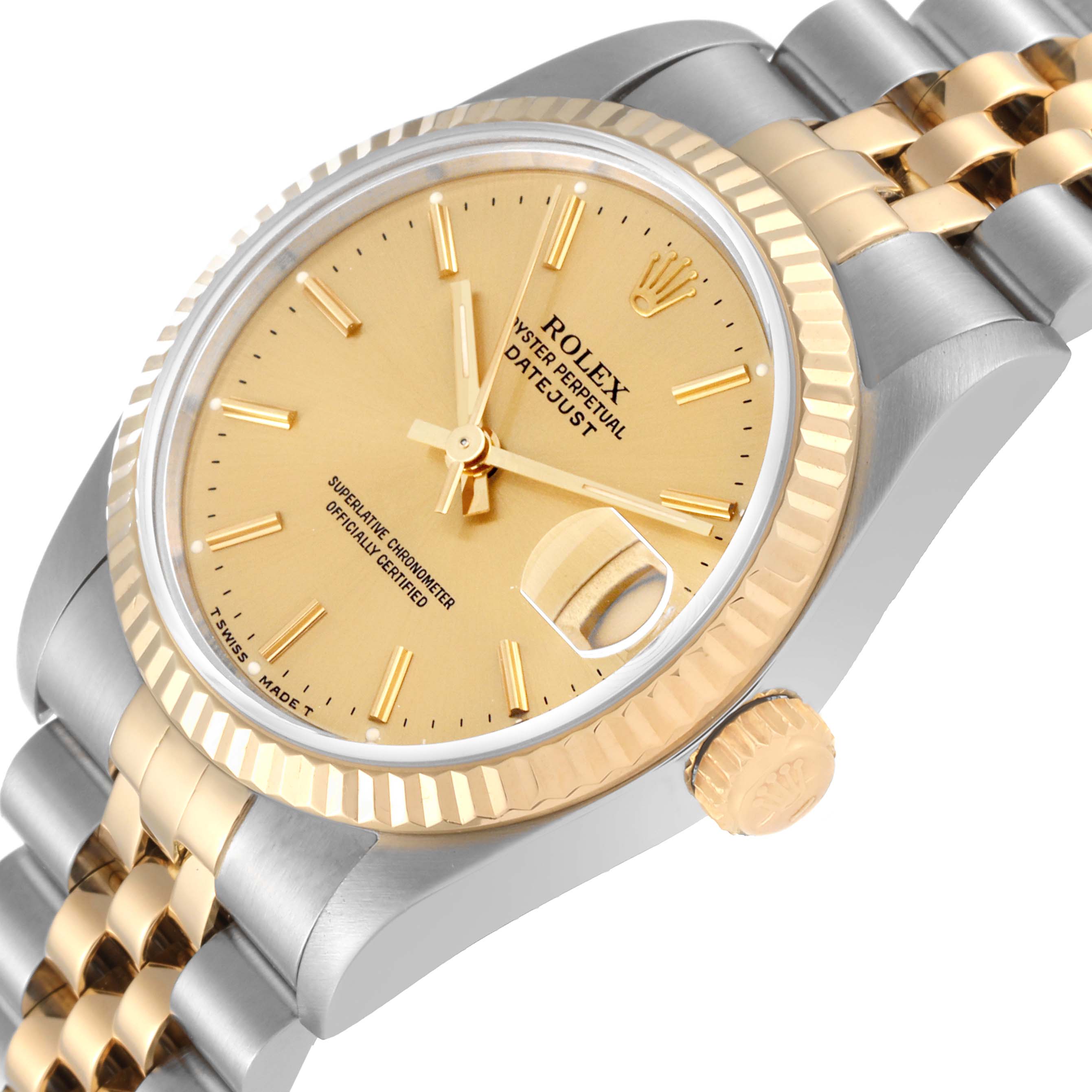This image shows a Rolex Oyster Perpetual Datejust Mid-Size watch at an angled close-up, highlighting the crown, bezel, and part of the bracelet.