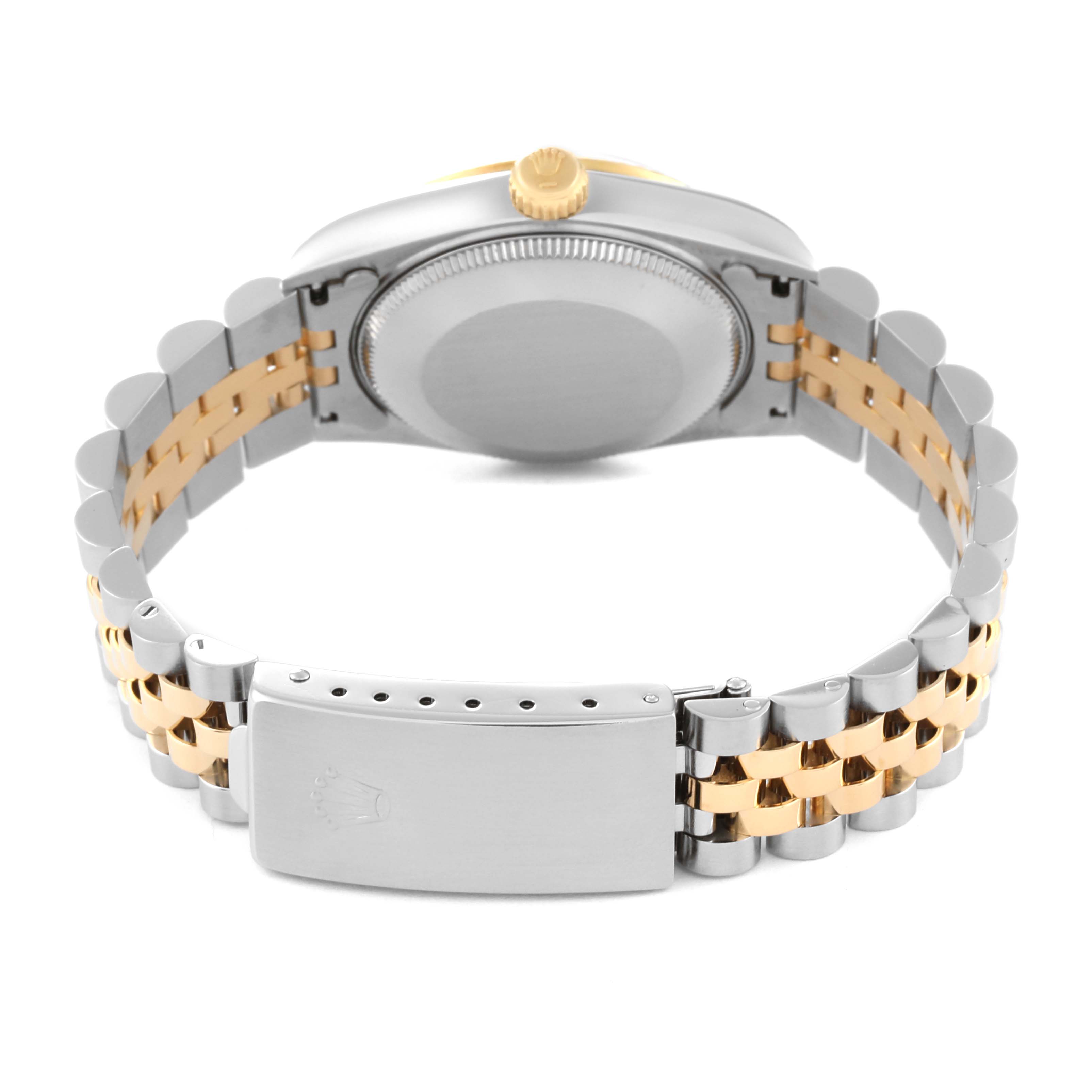 The image shows the back view and bracelet of a Mid-Size Rolex watch with a two-tone metal band.