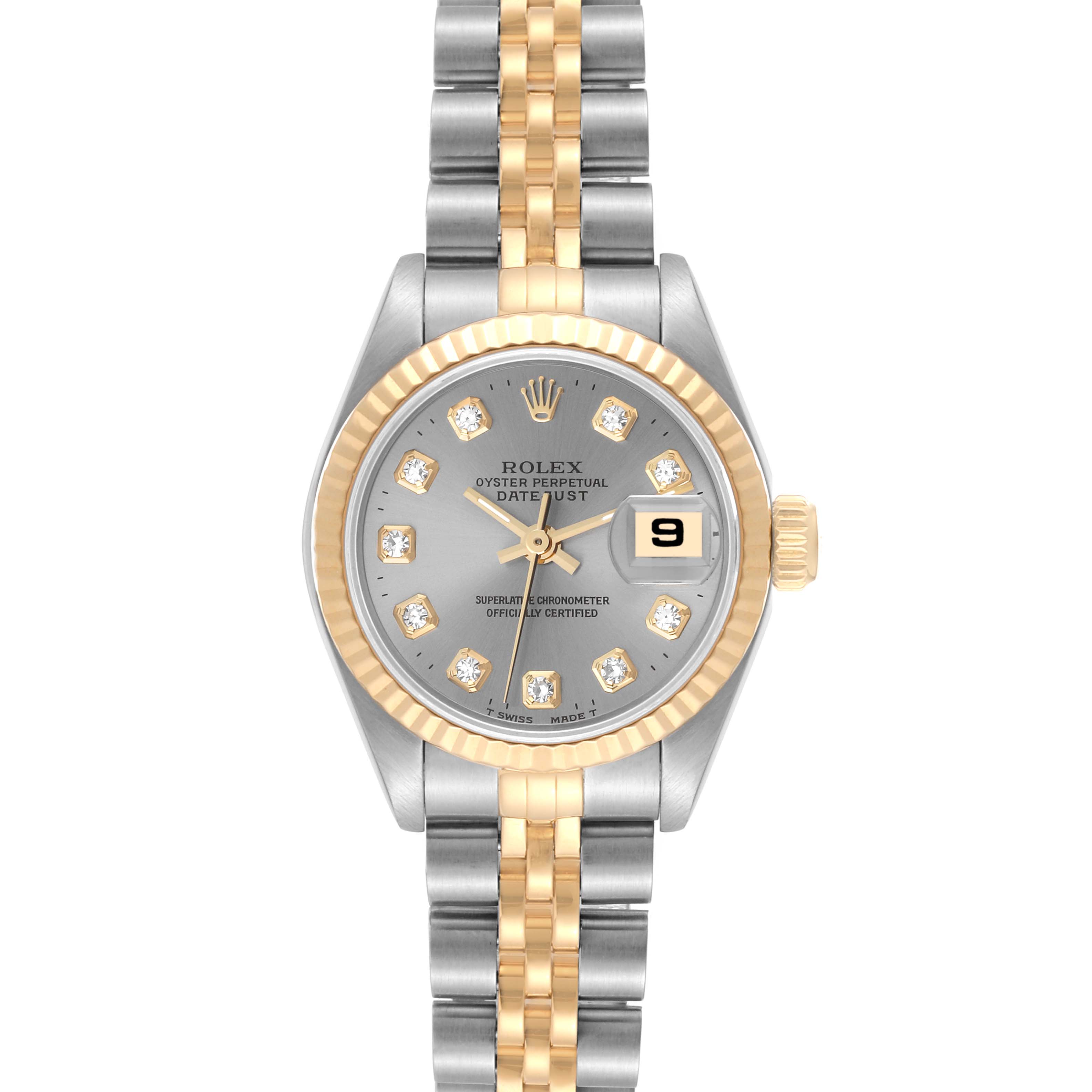 This image shows a frontal view of a Rolex Datejust 69173 Women's Steel and Gold (two tone) Grey Dial 69173 Women's Steel and Gold (two tone) Grey Dial watch, displaying its face, bezel, and bracelet.
