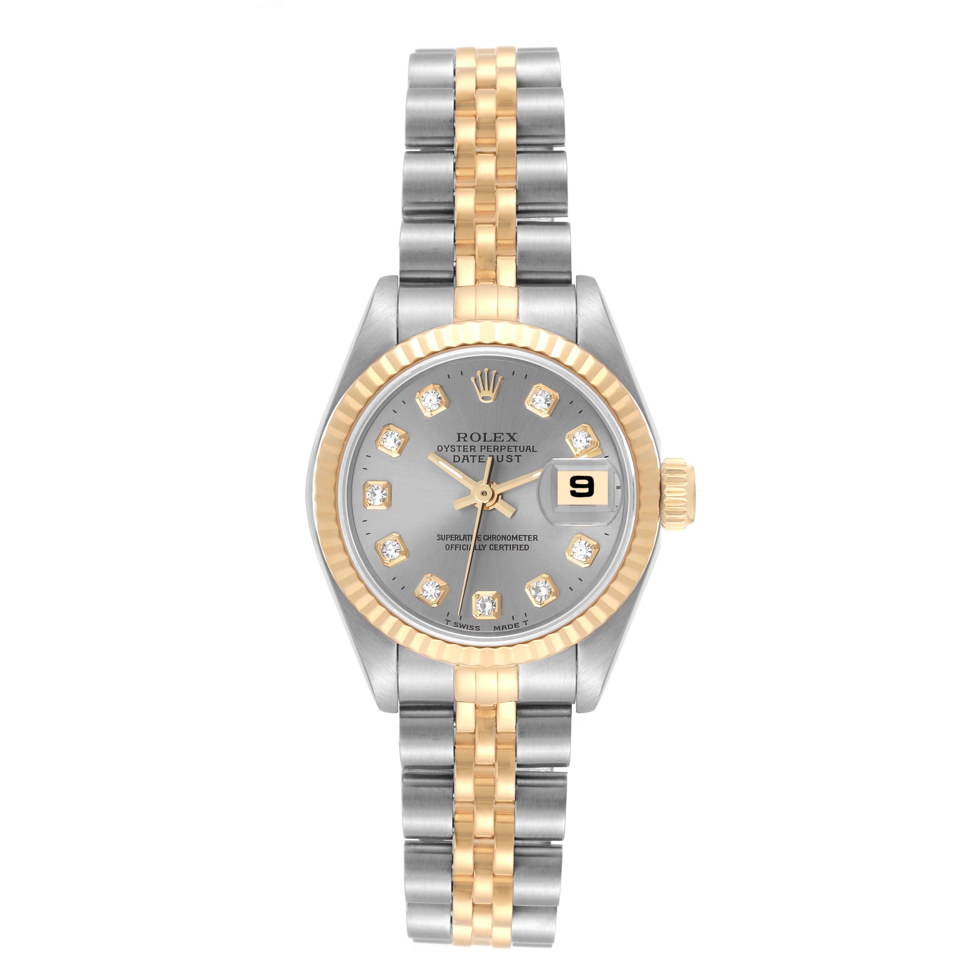 The image shows a frontal view of the Rolex Datejust 69173 Women's Steel and Gold (two tone) Grey Dial 69173 Women's Steel and Gold (two tone) Grey Dial watch, highlighting the face, bezel, and two-tone bracelet.