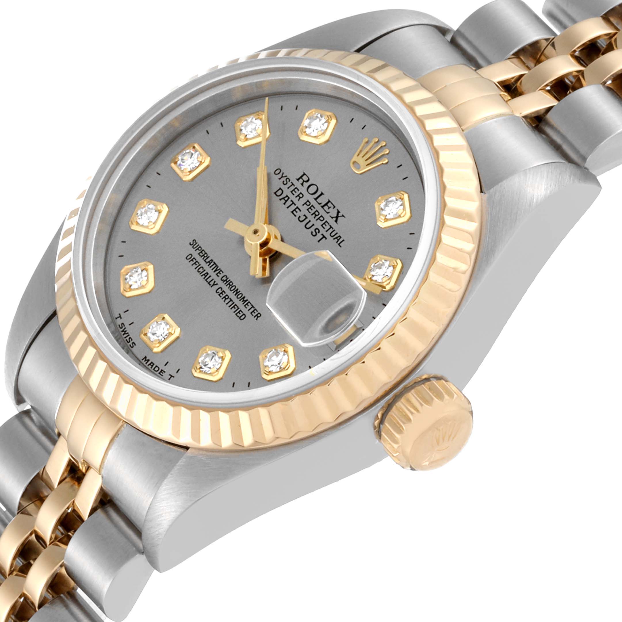 This image shows a close-up angle of the Rolex Datejust 69173 Women's Steel and Gold (two tone) Grey Dial 69173 Women's Steel and Gold (two tone) Grey Dial model, highlighting the dial, bezel, and part of the bracelet.