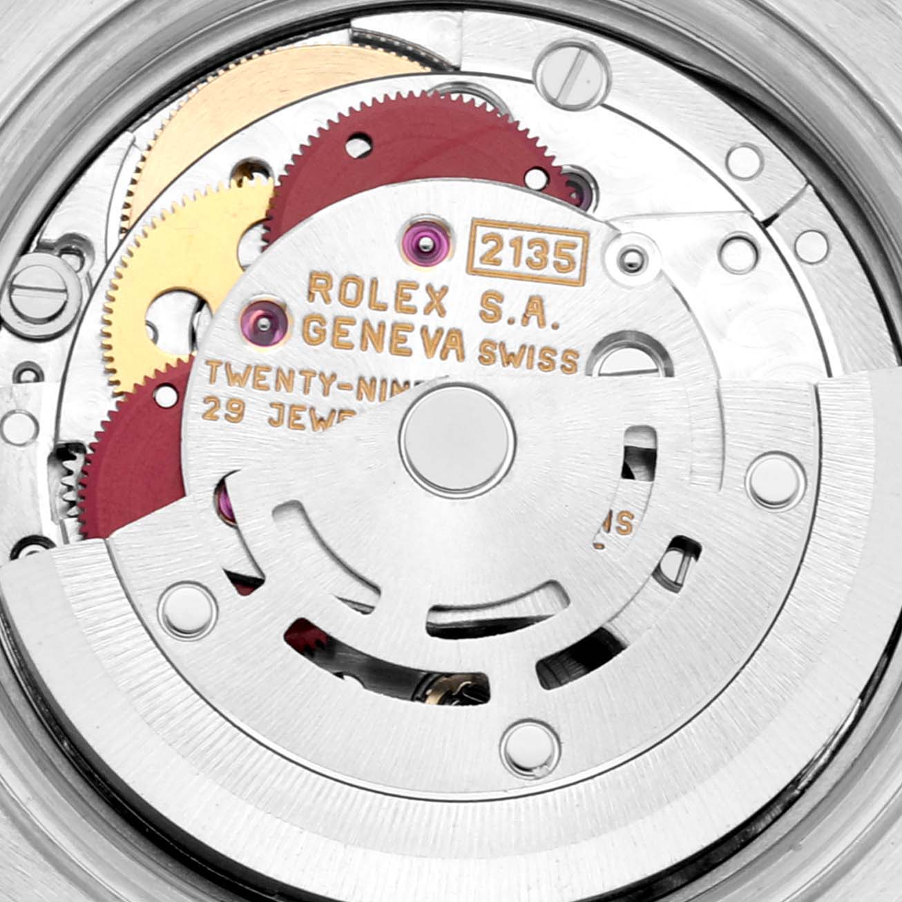 The image shows the internal movement mechanism of a Rolex Datejust 69173 Women's Steel and Gold (two tone) Grey Dial 69173 Women's Steel and Gold (two tone) Grey Dial watch, specifically the caliber 2135.