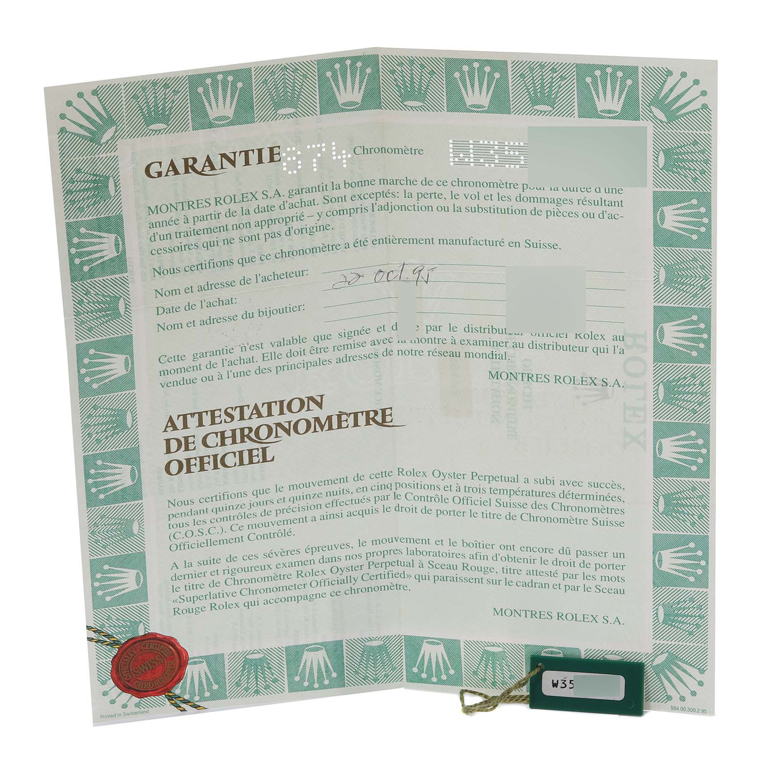 This image shows the warranty card and certificate of authenticity for the Rolex Datejust 69173 Women's Steel and Gold (two tone) Grey Dial 69173 Women's Steel and Gold (two tone) Grey Dial watch.