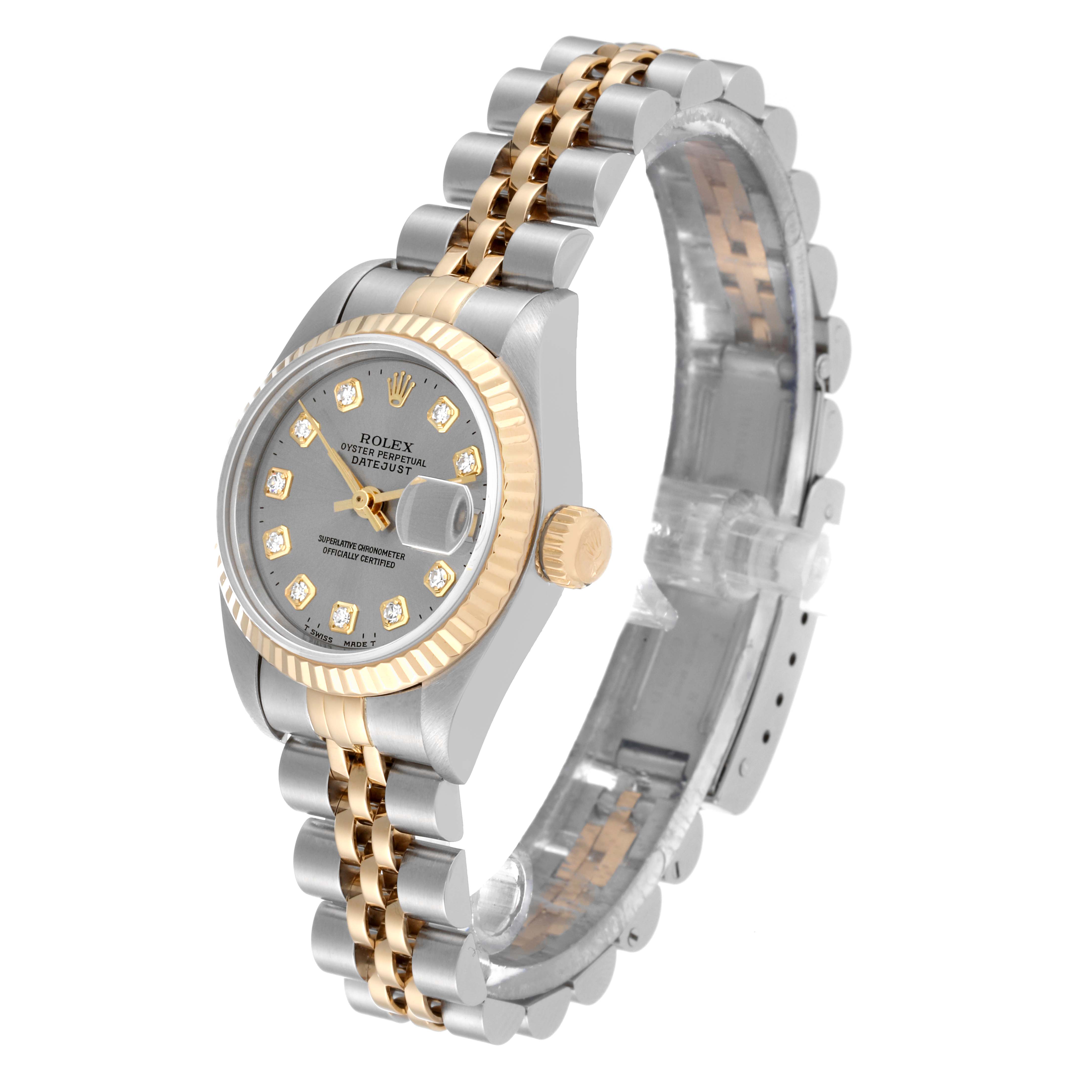 The Rolex Datejust 69173 Women's Steel and Gold (two tone) Grey Dial 69173 Women's Steel and Gold (two tone) Grey Dial watch is shown at a three-quarter angle, displaying its two-tone metal bracelet and diamond-accented face.