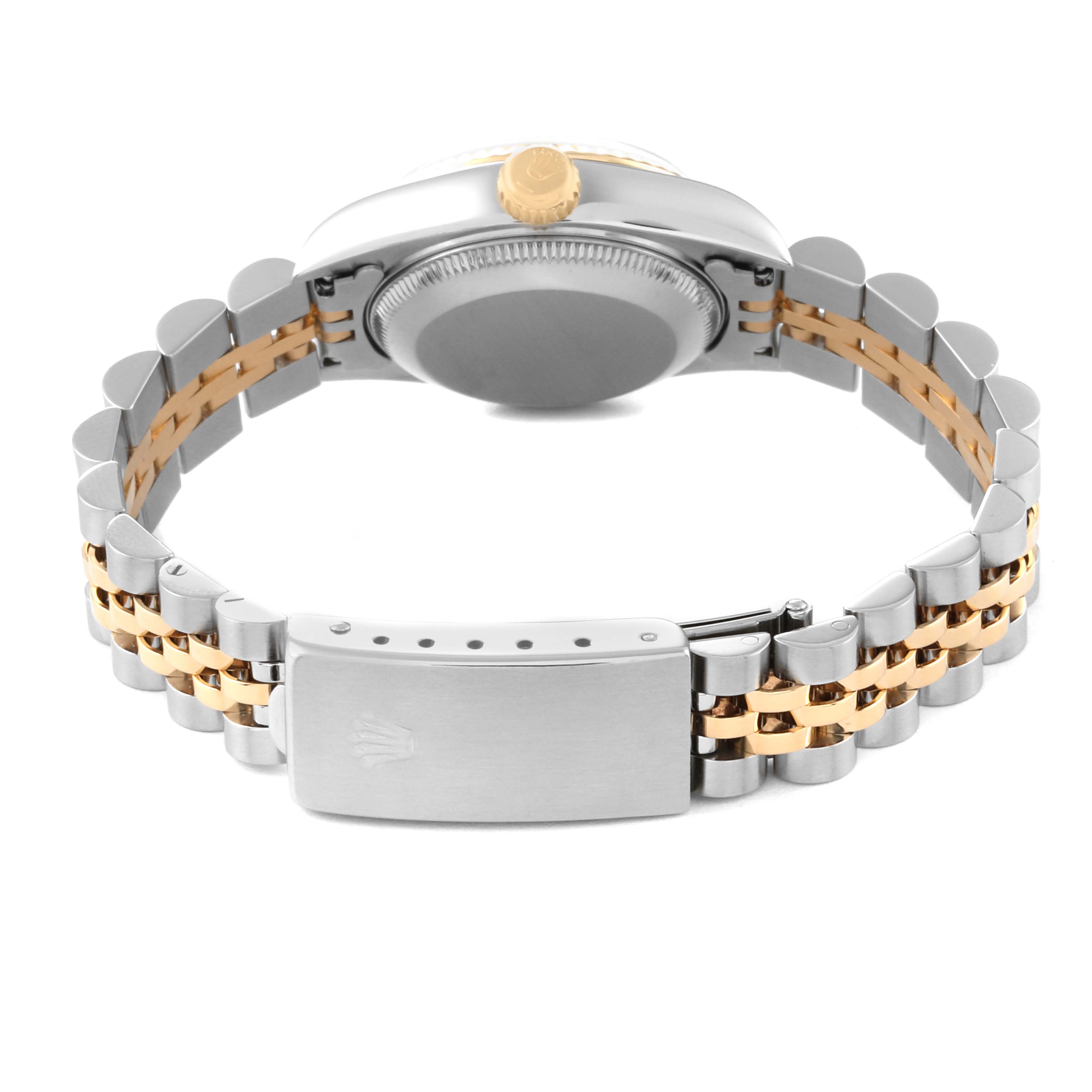 This image shows the back of the Rolex Datejust 69173 Women's Steel and Gold (two tone) Grey Dial 69173 Women's Steel and Gold (two tone) Grey Dial watch, including the case back, crown, and two-tone bracelet with clasp.